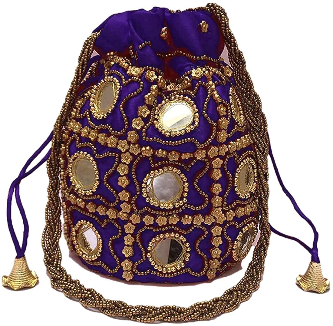 ATHZBlue Mirror Work damru shaped Golden beads embellishment potli bag for women gifting for Wedding | Party | Anniversy