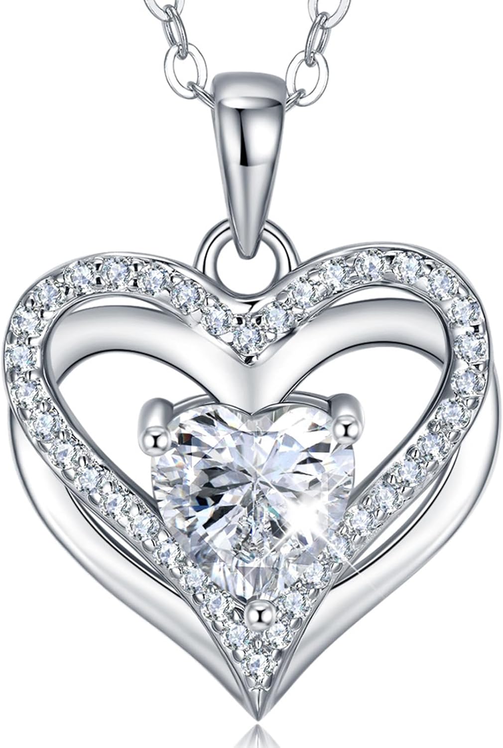 1CT Double Heart Moissanite Necklace for Women D Color VVS1 925 Sterling Silver 18K White Gold Plated Jewelry for Mother Love Friend Mother’s Day Birthday Gift for Her 18inch