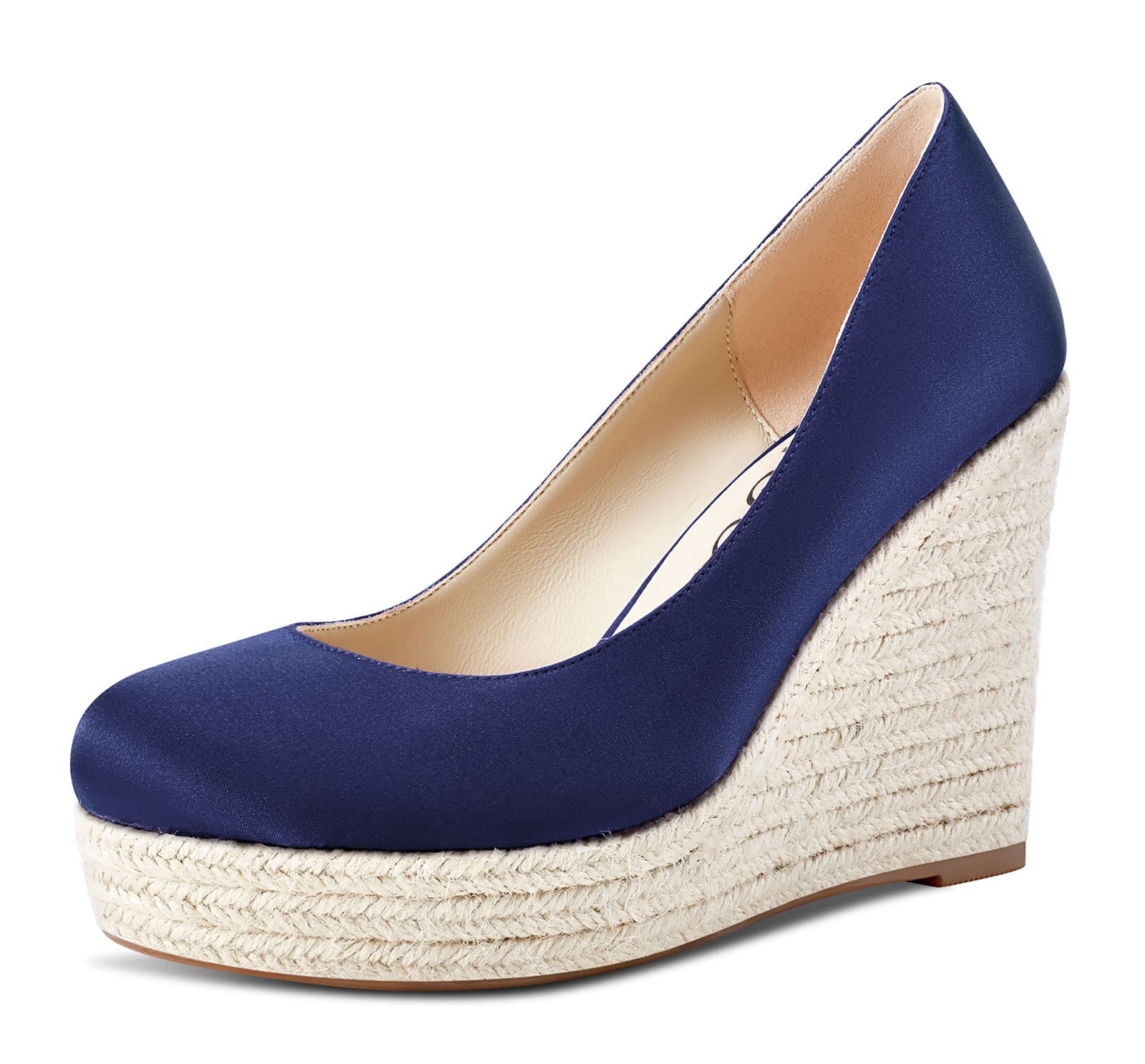 Aachcol Mujer Plataforma cuña Esparto Pumps Alto High Heel Cerrado el Dedo del pie Redonda Punta Slip-on Dress Zapatos de Boda Fiesta 10 CM