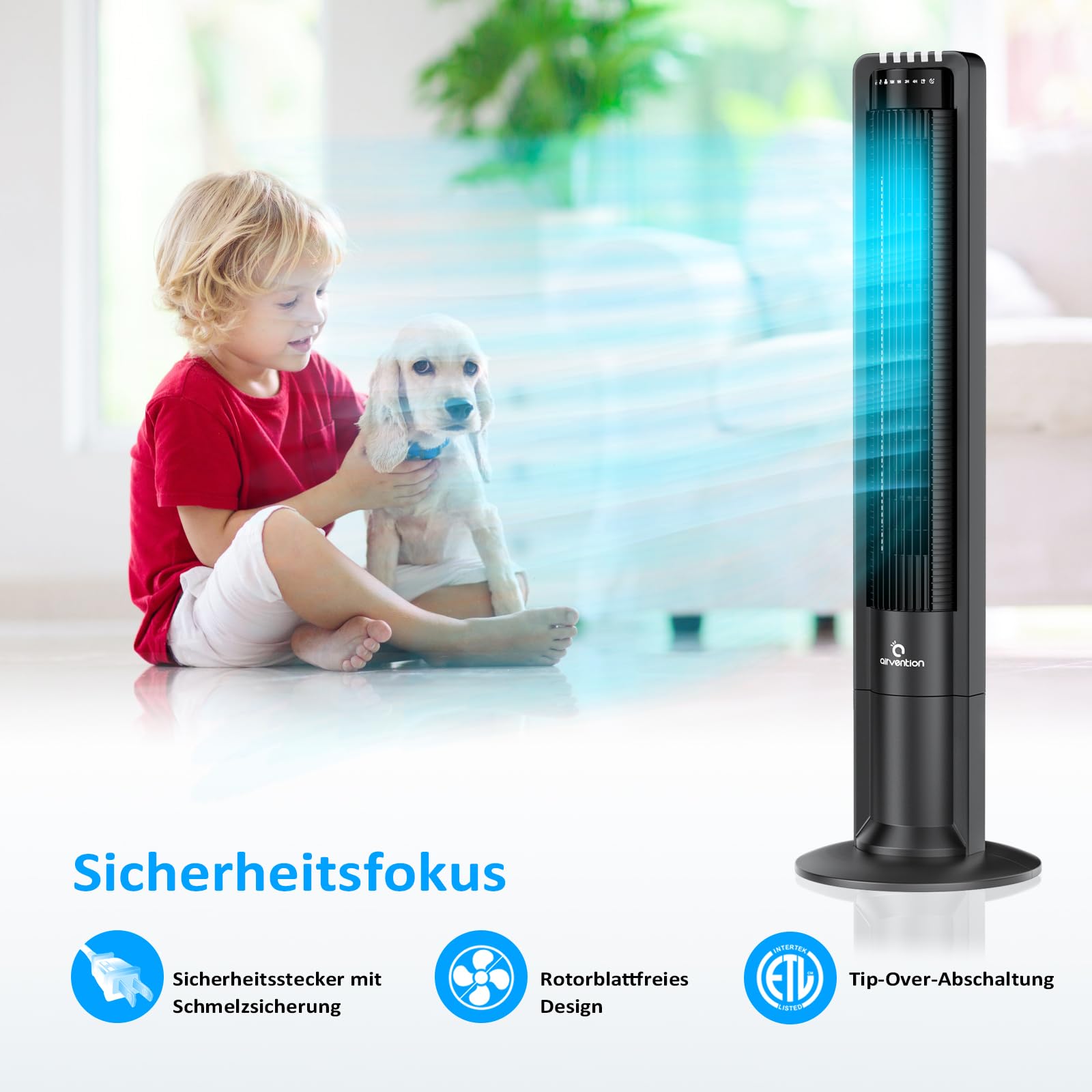 Turmventilator mit Fernbedienung, 109cm, leise, 115° oszillierender Säulenventilator, Standventilator schwarz, Timer, 0,04 kWh stromsparend, 3 Geschwindigkeiten, X01A, Tower Fan