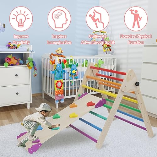 Miniatura 4 de EDOSTORY Juego de triángulos Pikler 5 en 1, parque infantil interior y gimnasio para niños, juego de escalada Montessori plegable de madera con