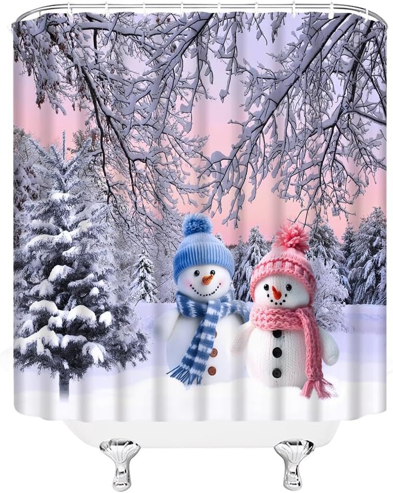 GCTNBJL Winter Forest Shower Curtain Snowman Tree Snow Holiday Xmas Festival Rustic Nature White Pink Extra Long Bathroom Home Curtain with Hooks,70x78 Inch