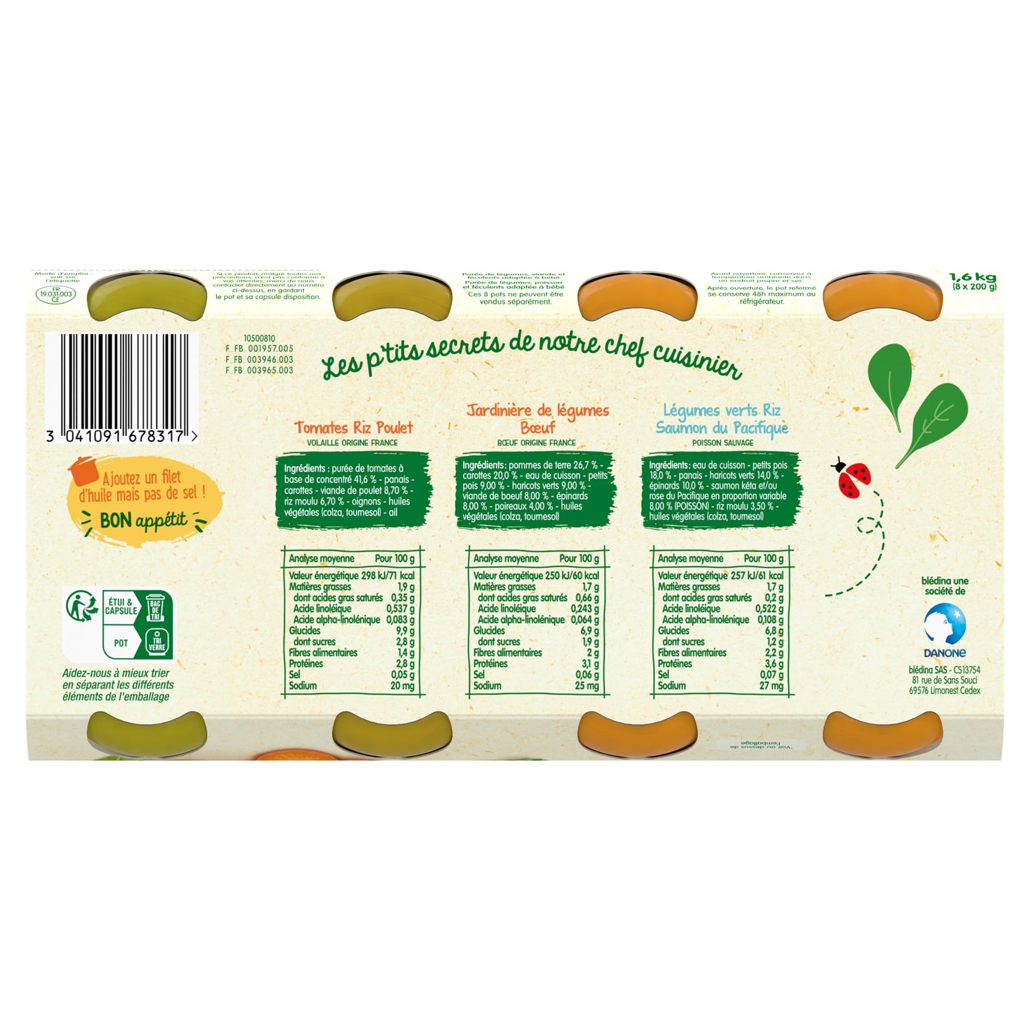 Blédina Petits Pots pour bébé, Dès 6 Mois, Tomates Riz Poulet / Légumes Bœuf / Légumes Riz Saumon, 200 g (Lot de 24)
