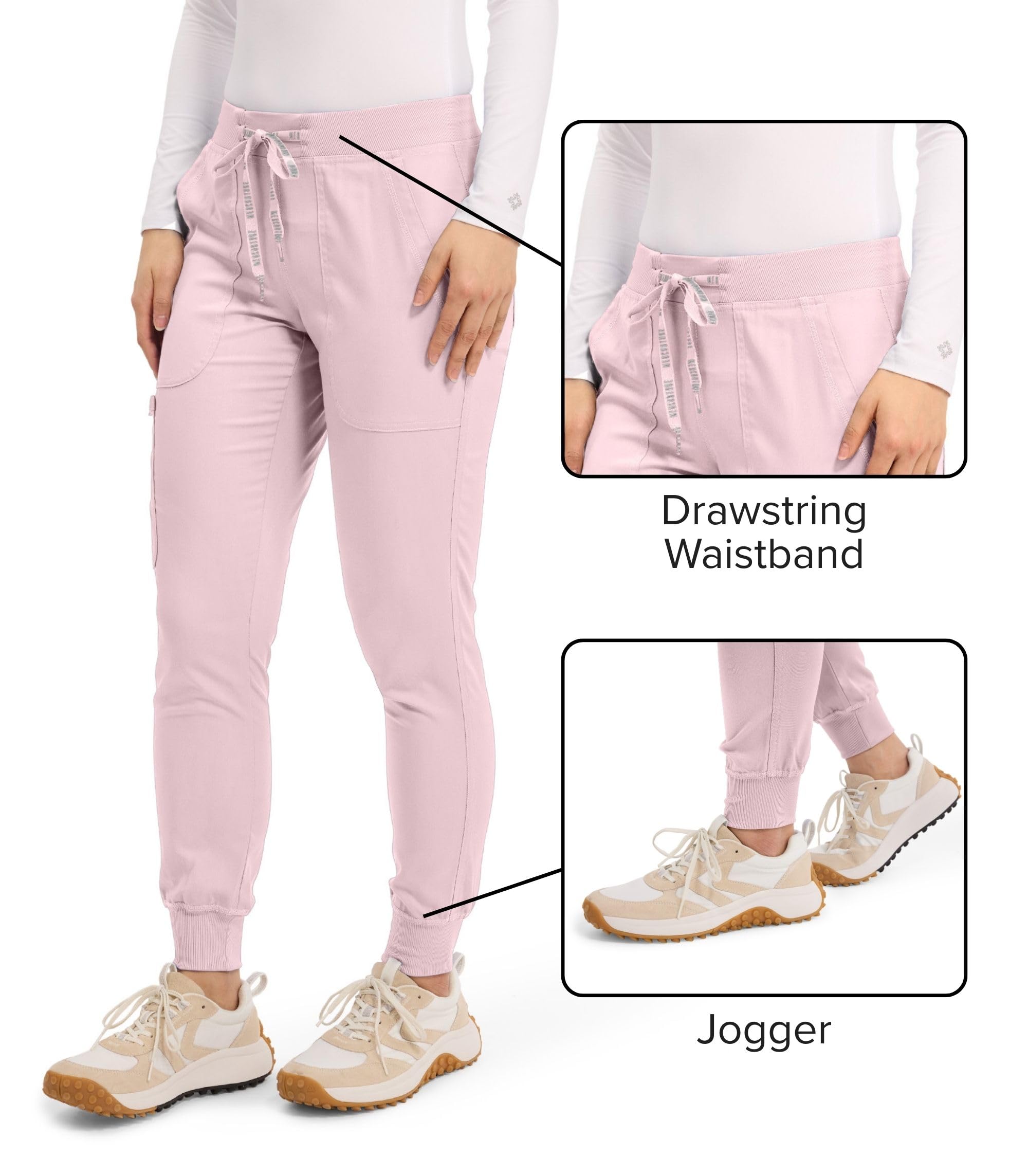 Med Couture Scrub Pants For Women Cargo Jogger Bottoms with 5 Pockets, Lightweight, Ultra Soft, 2-Way Stretch Fabric - MC7710: X-Small Ice Pink