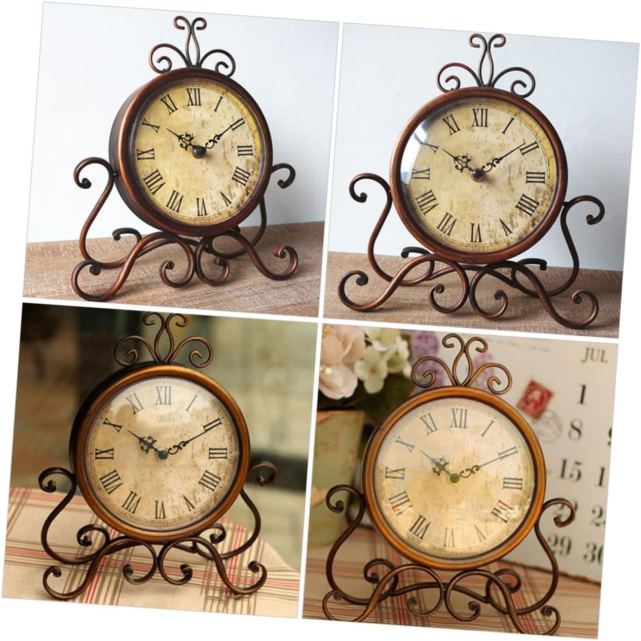 Zerodeko European Style Retro Non-Ticking Table Clock Brown Iron Mantel Clock for Living Room and Bedroom Decor Decorative Vintage Mute Without Battery