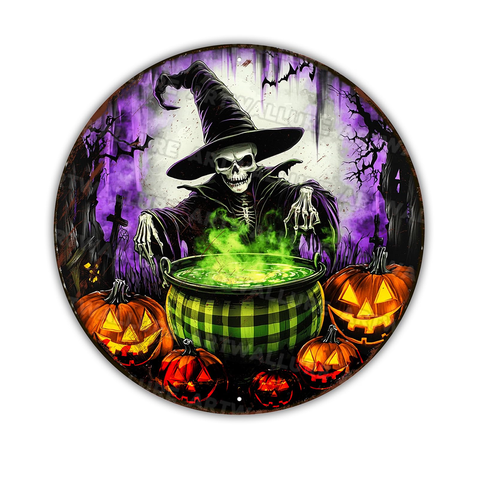 Round Halloween Spooky Skeleton With Witch Hat Wreath Vintage Sign Halloween Pumpkin Metal Tin Sign for Home Bar Kitchen Hotel Dining Room Coffee 8x8inch