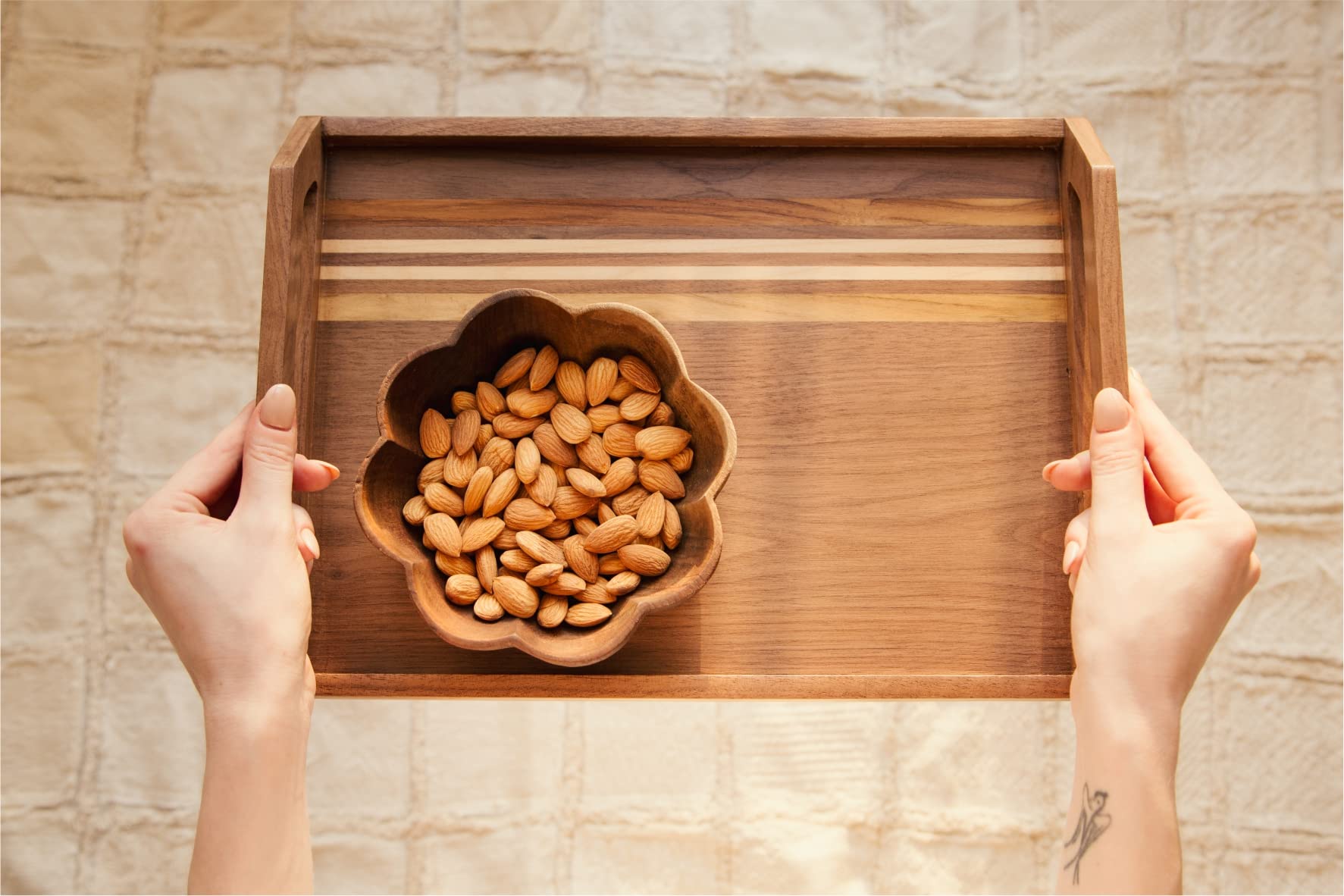 Utopia Choice Wooden Serving Tray Medium | Snacks Tray | American Walnut, American Hard Maple & Teak Wood | Finished with Clear Polyurethane Coat Finish (Grado Collection) | Brown Rectangular Tray