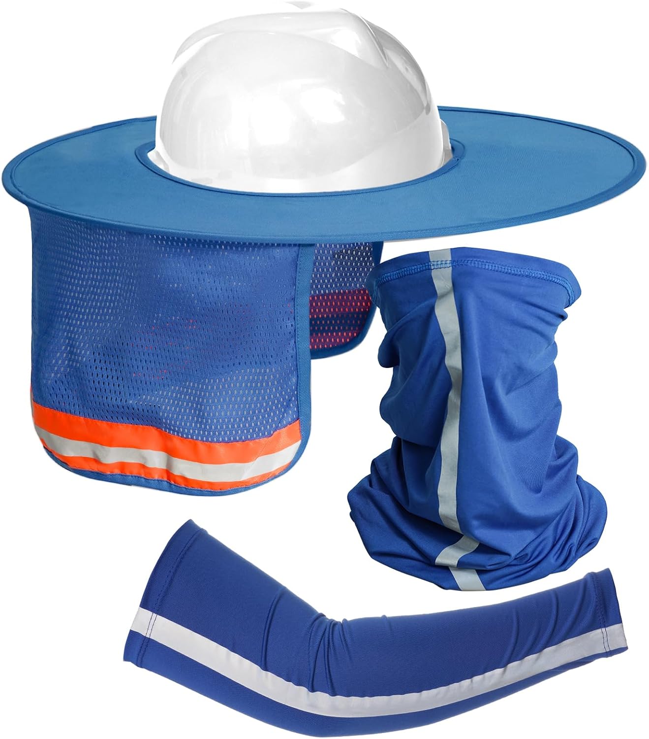 Topbuti 3 Pcs Hard Hat Sun Shade High Visibility Full Brim Mesh Neck Sun Shield Sunshade Bandana Arm Sleeves Reflective Strap