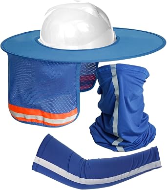 Topbuti 3 Pcs Hard Hat Sun Shade High Visibility Full Brim Mesh Neck Sun Shield Sunshade Bandana Arm Sleeves Reflective Strap