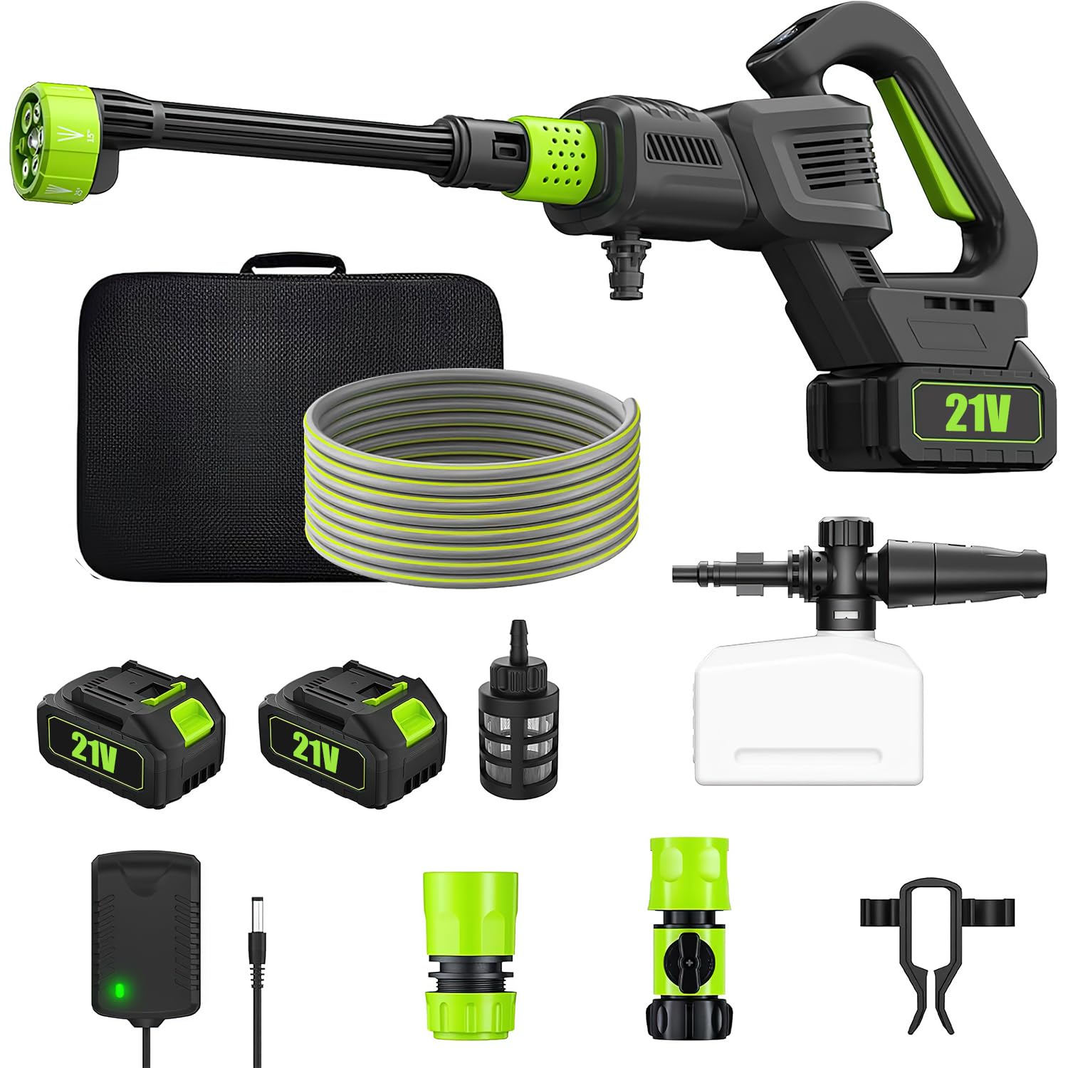 Limpiador de alta presión inalámbrico, 980 PSI/120 bar, portátil con bomba de succión, 6 en 1 boquillas y detergente para coche, terraza, jardín (5 m manguera) (B-2 batería)
