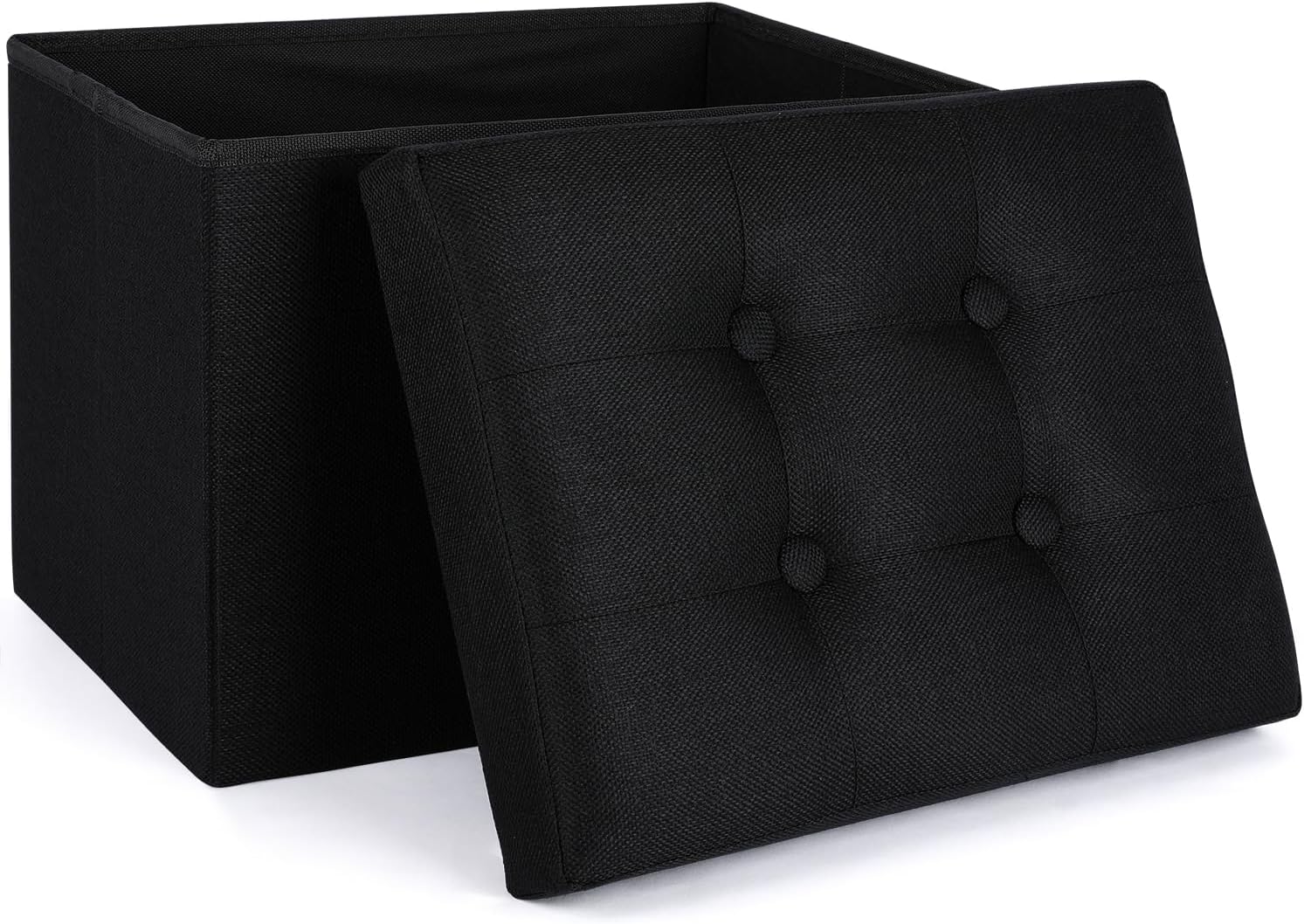 WoneNice Foldable Storage Ottoman Footrest, 16" x 12" x 12" – Small Ottoman Stool with Hidden Compartment, Soft Padded Seat for Living Room, Bedroom & Office, Black