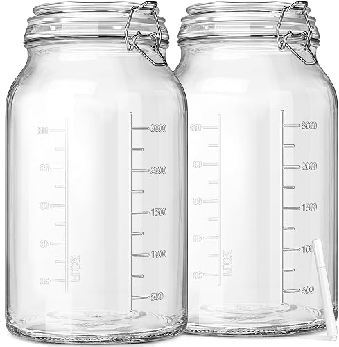 1 Gallon Super Wide Mouth Glass Storage Jars with Airtight Lids and 2 Measurement Marks, Leak Proof Glass Container with Hinged Lids, Large Pickle Jars with Labels and Silicone Gasket, 2 Pack