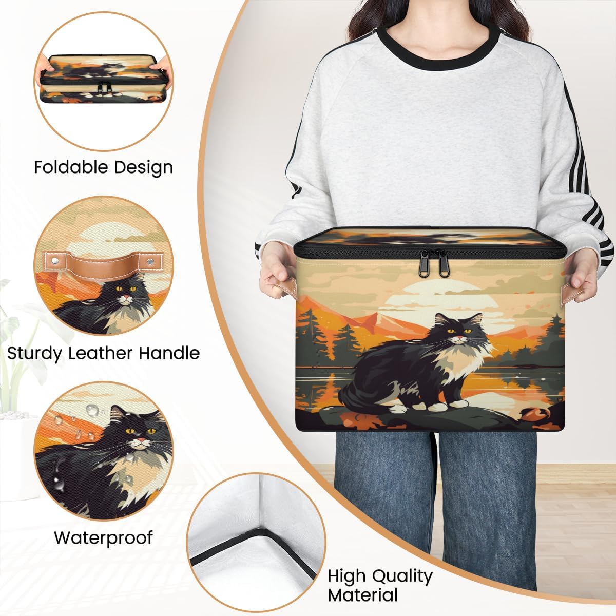 Storage Bin Set of 2 Black Cat Storage Basket with Zipper Lid & Handle Foldable Closet Shelf 2 Pack Cloth Organizer Basket Cube Bins Clothes Organizer for Bedroom, Nursery