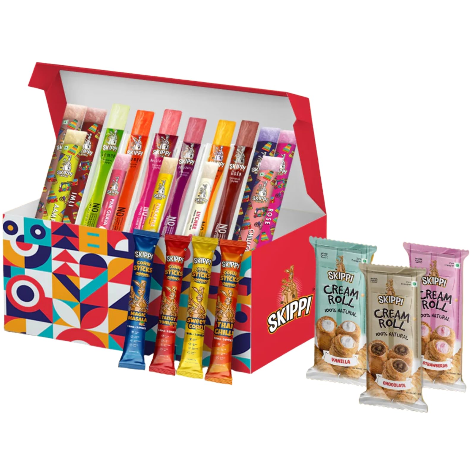 Skippi Royal Sweets Gift Box - Christmas Gifts for Employees | Holiday Hampers | Corporate Christmas Gifts | Christmas Gift Hampers with Ice Pops, Corn Sticks & Cream Rolls | 15 Popsicles, 4 Cornsticks, 3 Cream Rolls