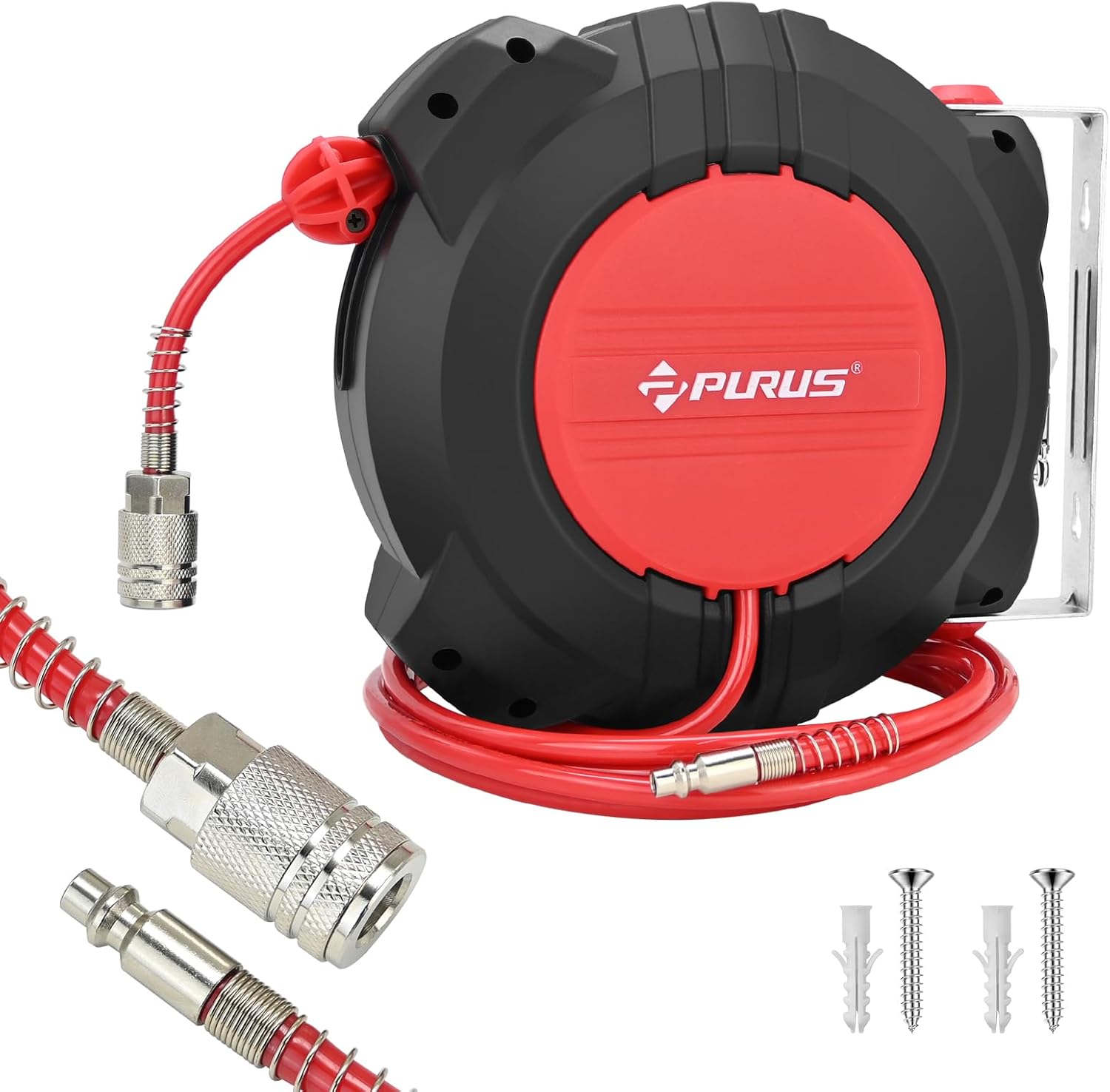 PURUS Retractable Air Hose Reel, 1/4" x 32ft, 180° Swivel Wall/Ceiling Mount, Auto Rewind, Hybrid Hose Max 10 Bar Pressure Air Compressor Hose Reel Quick Coupler for Workshop & Garage