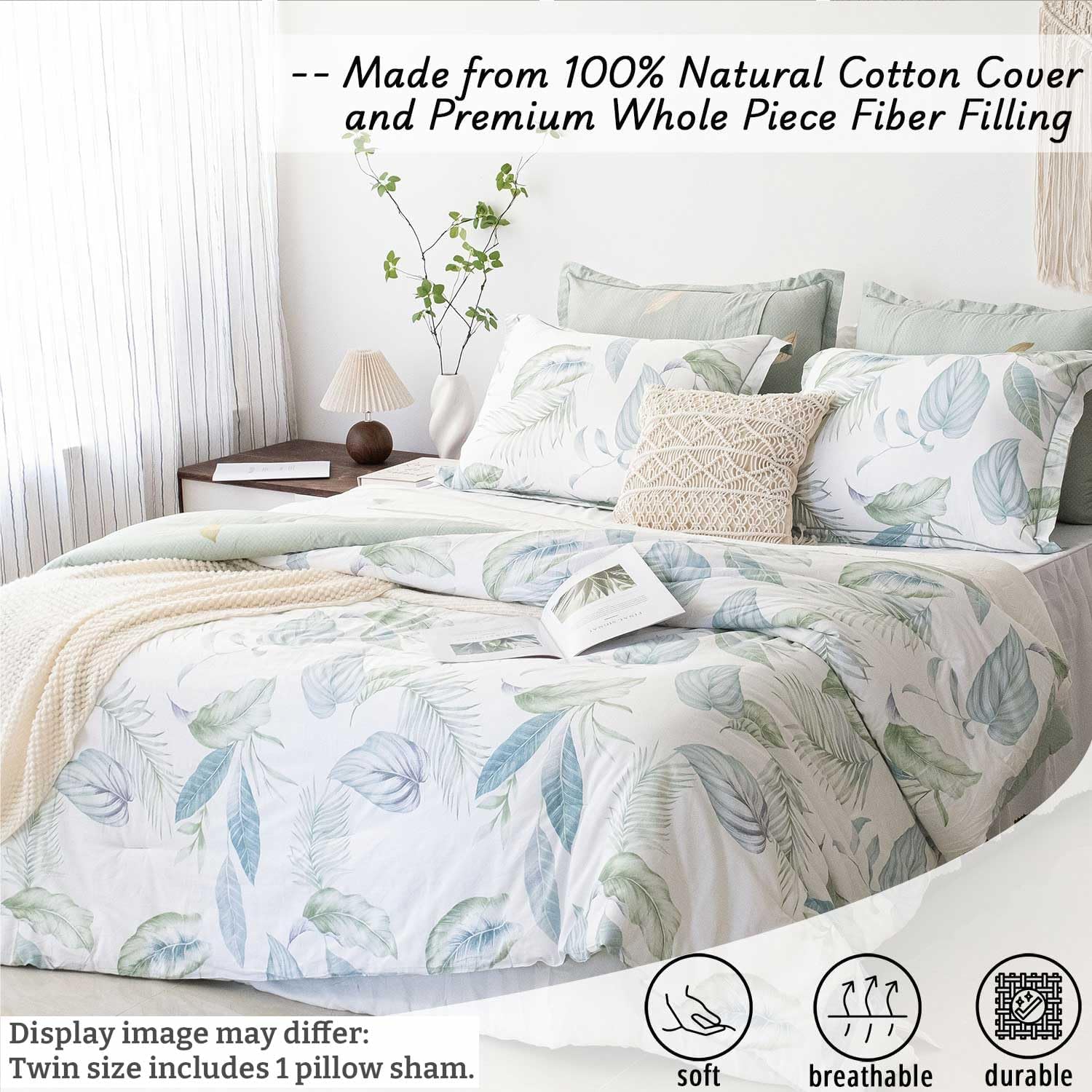 Botanical Cotton Comforter Twin Size - Sage Green Comforter Printed with Leaves & Ferns on White,Reversible Lightweight Bedding Sets 2Pcs(Leaves,68"×90") - Image 2