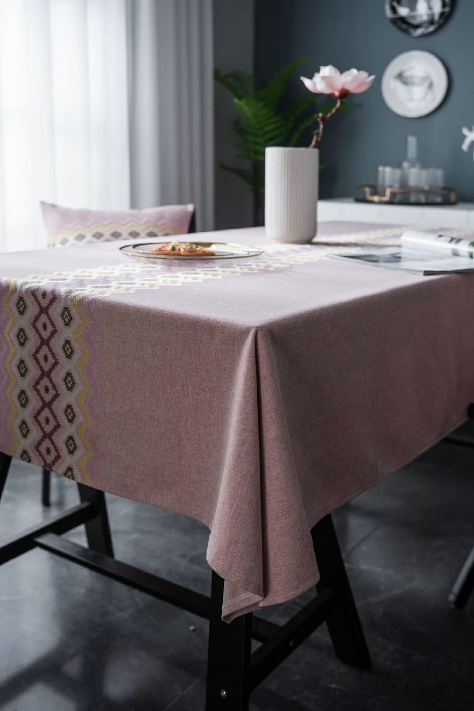 Tablecloth różowy, bawełna len zmywalny obrus haft obrus prostokątny 100 x 160 cm