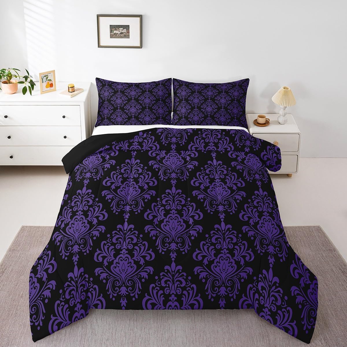 jejeloiu Toddler Size Purple Damask Bedding Set Boys Girls Jacquard Vintage Floral Comforter Set for Kids Women Men Ultra Soft Bohemia Boho Exotic Victorian Baroque Duvet Quilt Room Decor Soft 2Pcs