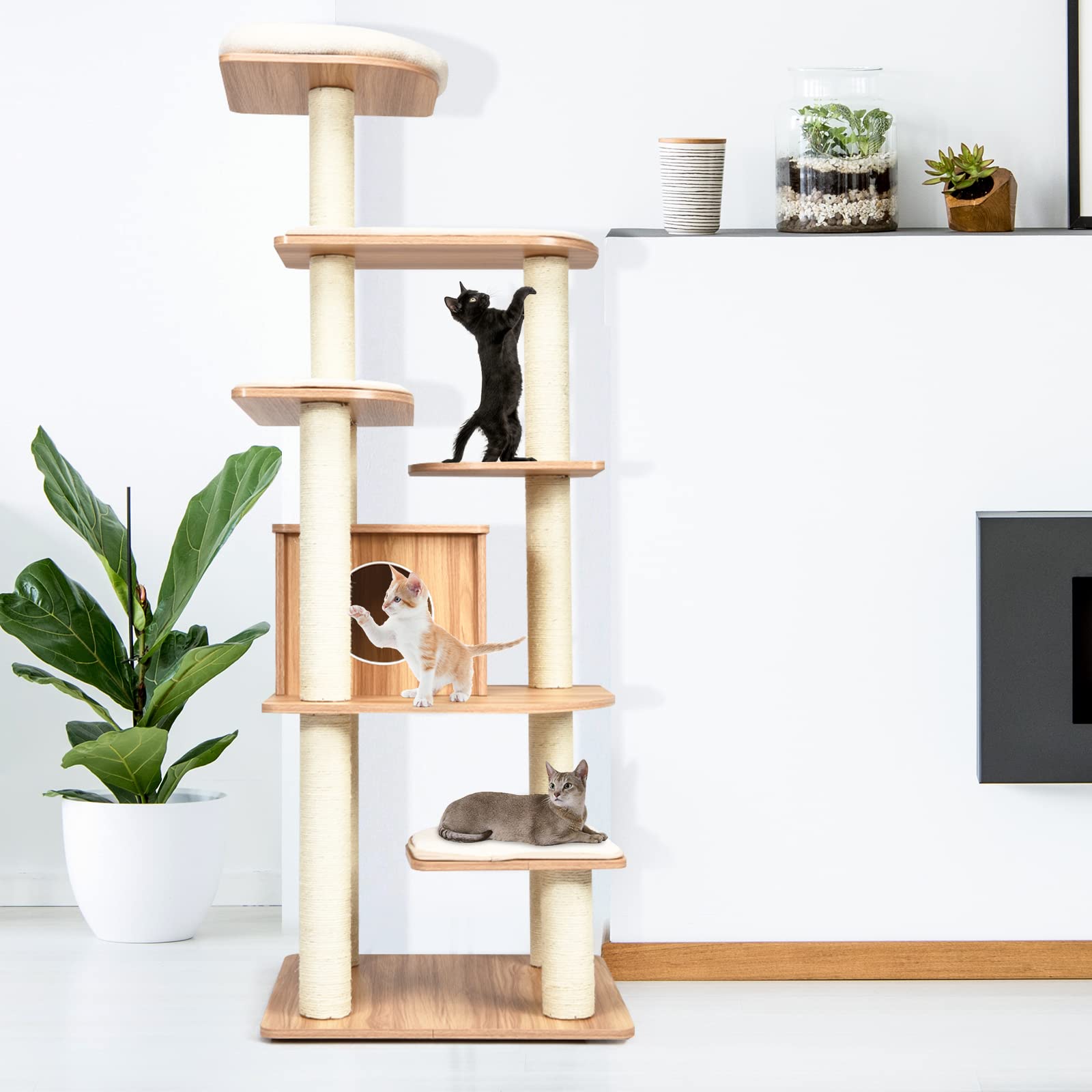 GOPLUS Árbol para Gatos de Madera de XXL 175 CM, Torre para Gatos de 6 Niveles con Poste Rascador de Sisal, Diseño Antivuelco, Cojines Cómodos, 59×49×140CM