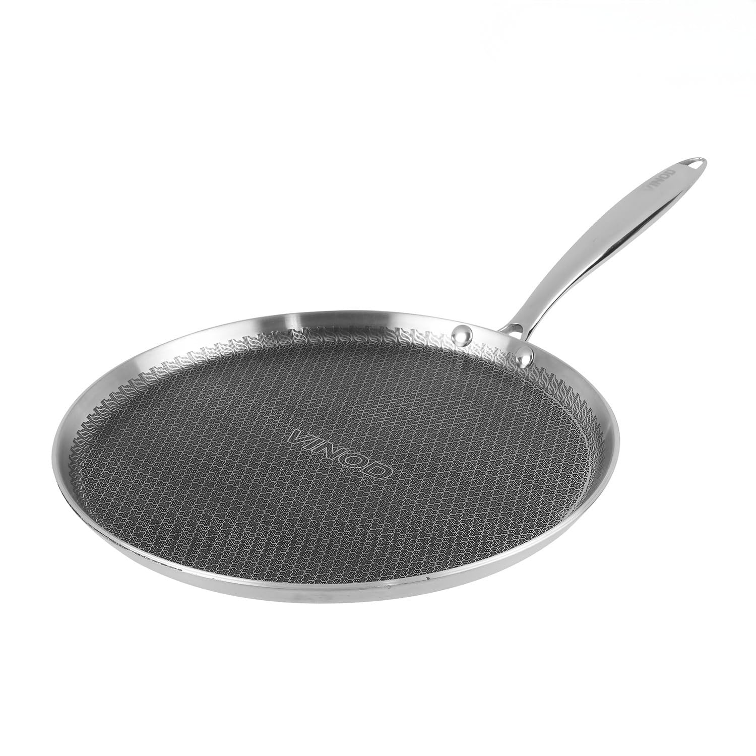 Vinod SAS Pro Platinum Triply Stainless Steel Non-Stick Dosa Tawa, 28 cm, 4.0 mm Thick Hexa Design, Metal Spoon Friendly, Scratch Resistant, PFOA Free, Induction Compatible, 5 Years Warranty