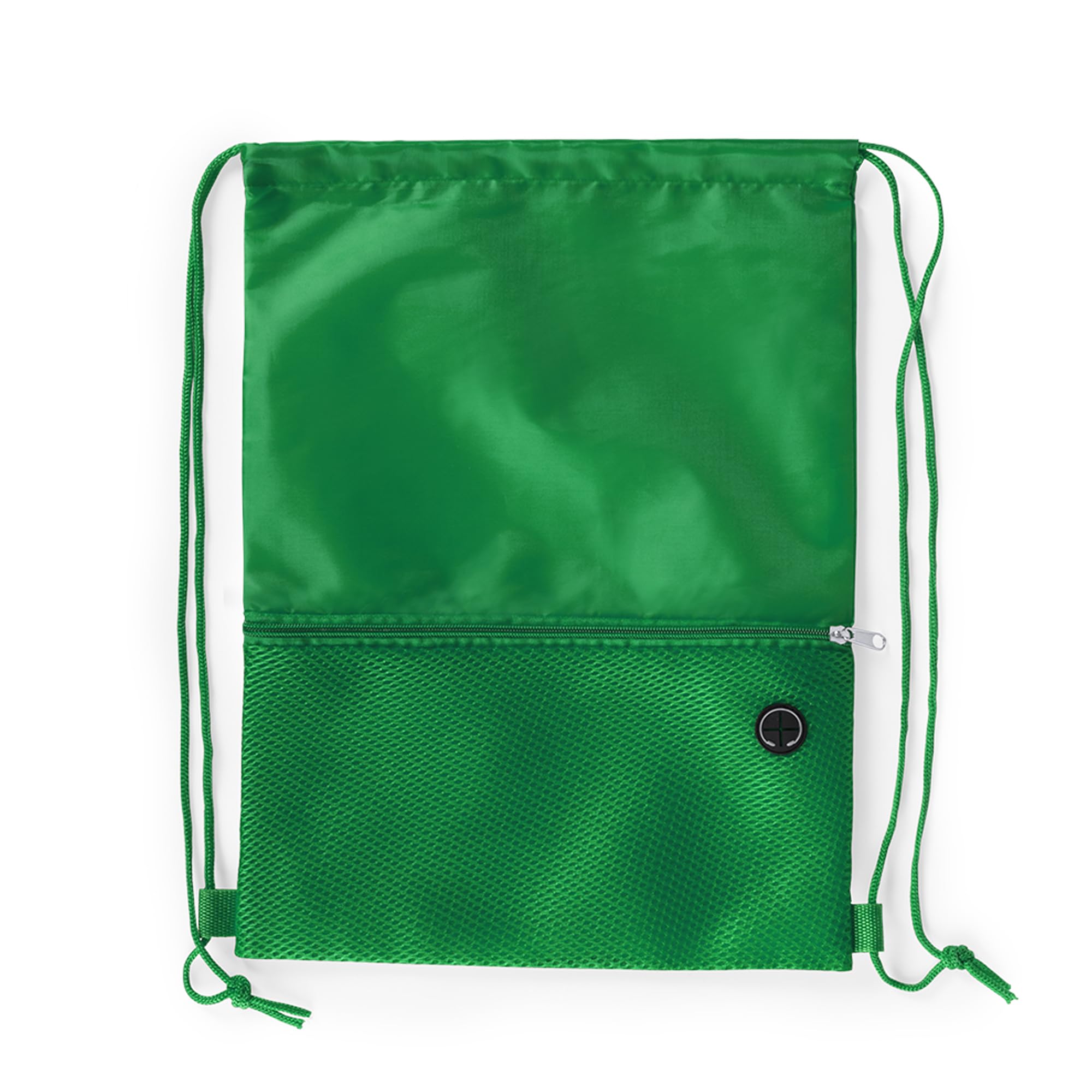 Bodygenix Unisex Drawstring Backpack for Sports – Lightweight Polyester Bag with Front Zip Pocket & Headphone Port – Waterproof Cinch String Bag for Sports, School, Swim, Travel & Beach Use - Green