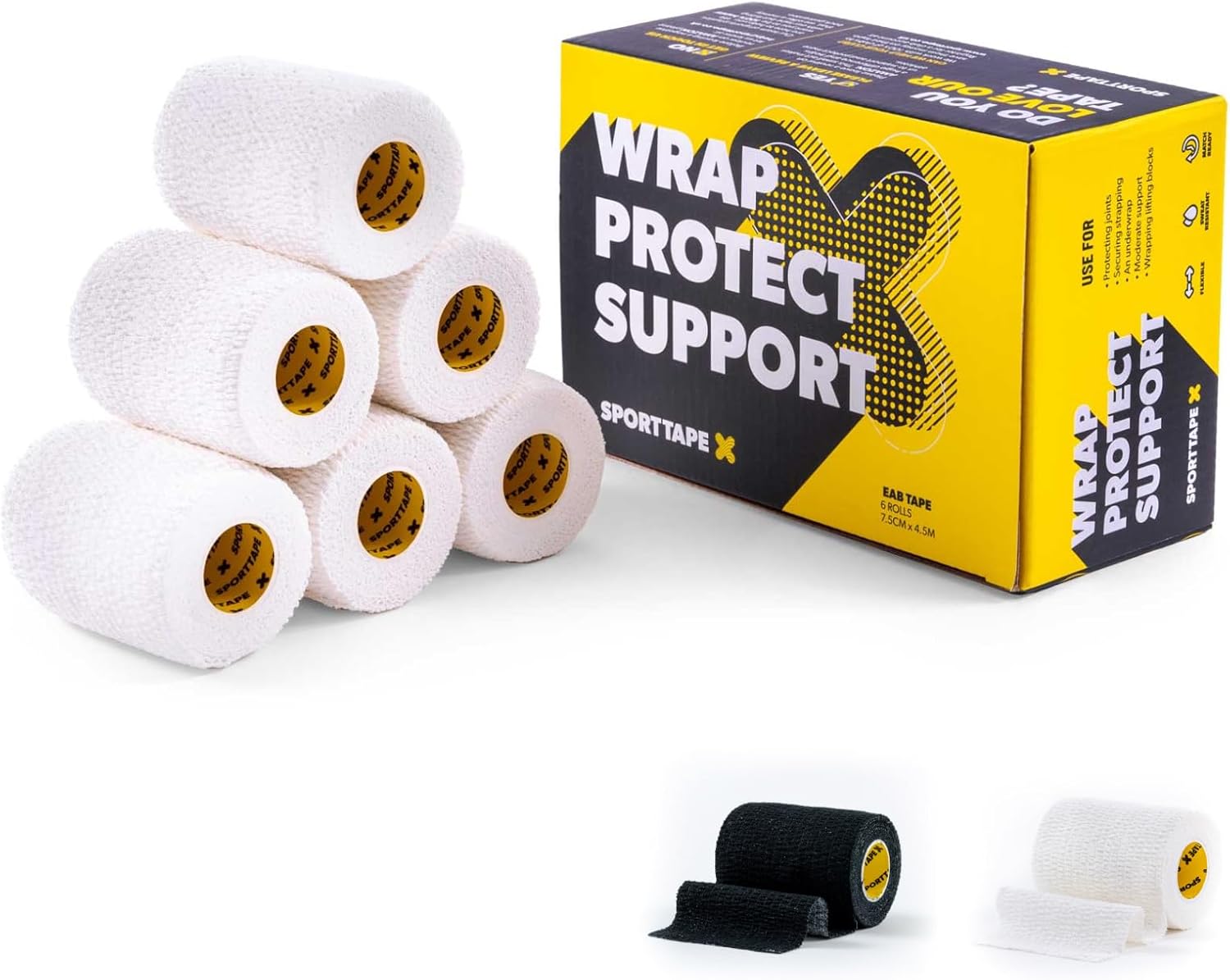 6 Rolls SPORTTAPE EAB Tape 7.5cm x 4.5m White Tearable Elastic