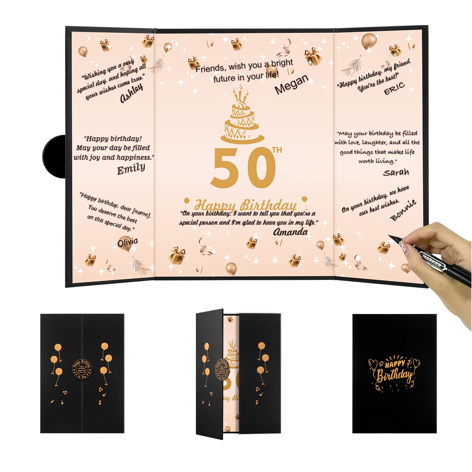 Dincerpen Black Gold 50th Birthday Decorations - 50th Birthday Guest Book, 50th Birthday Party Supplies Signature Book, Great 50th Birthday Card -