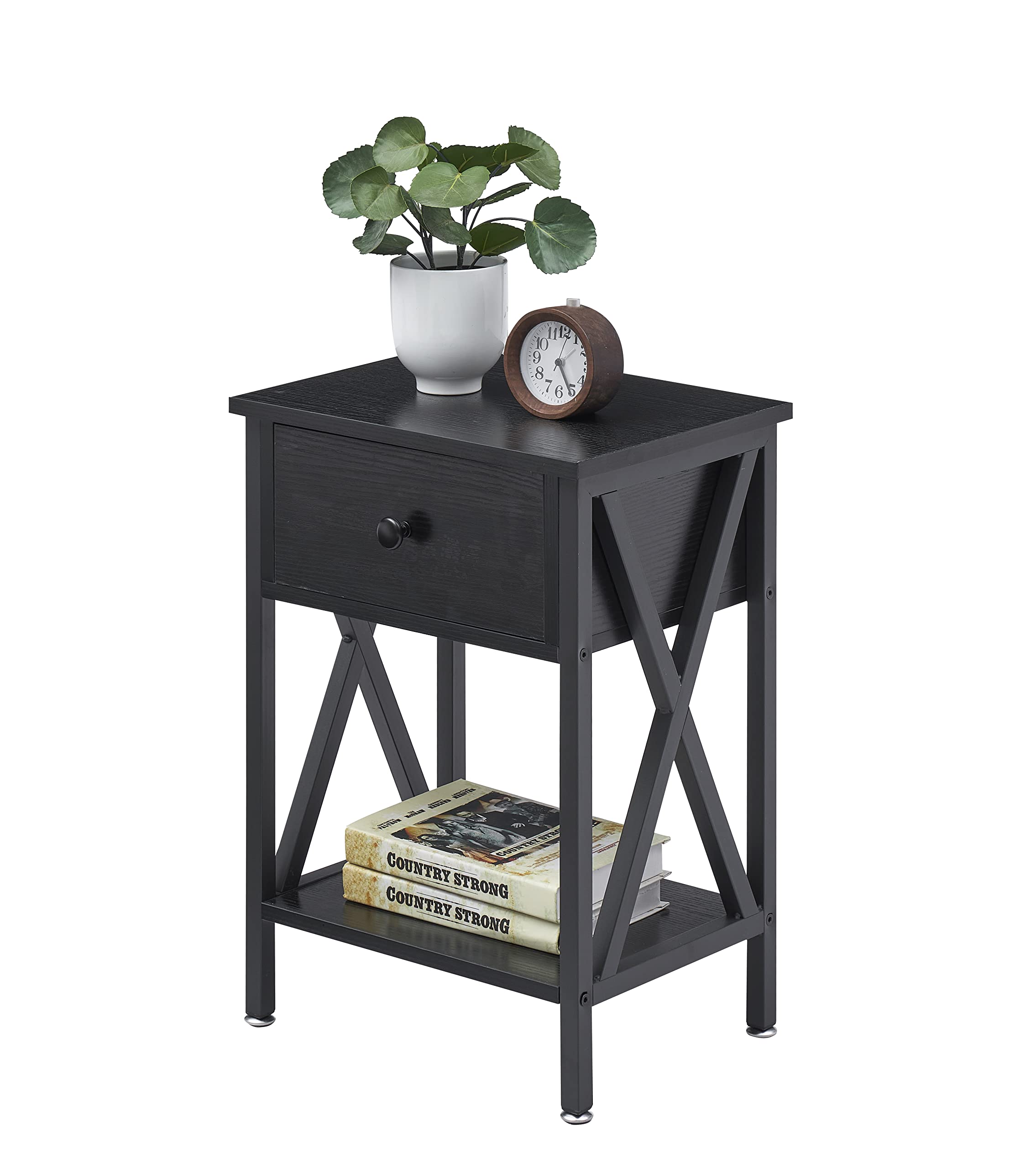 VECELO Bedside Table with Drawer & Open Shelf, Industrial Nightstand, Wooden End Table with X-Frame Legs, Side Storage Cabinet for Bedroom Living Room, 40x30x55cm, Black