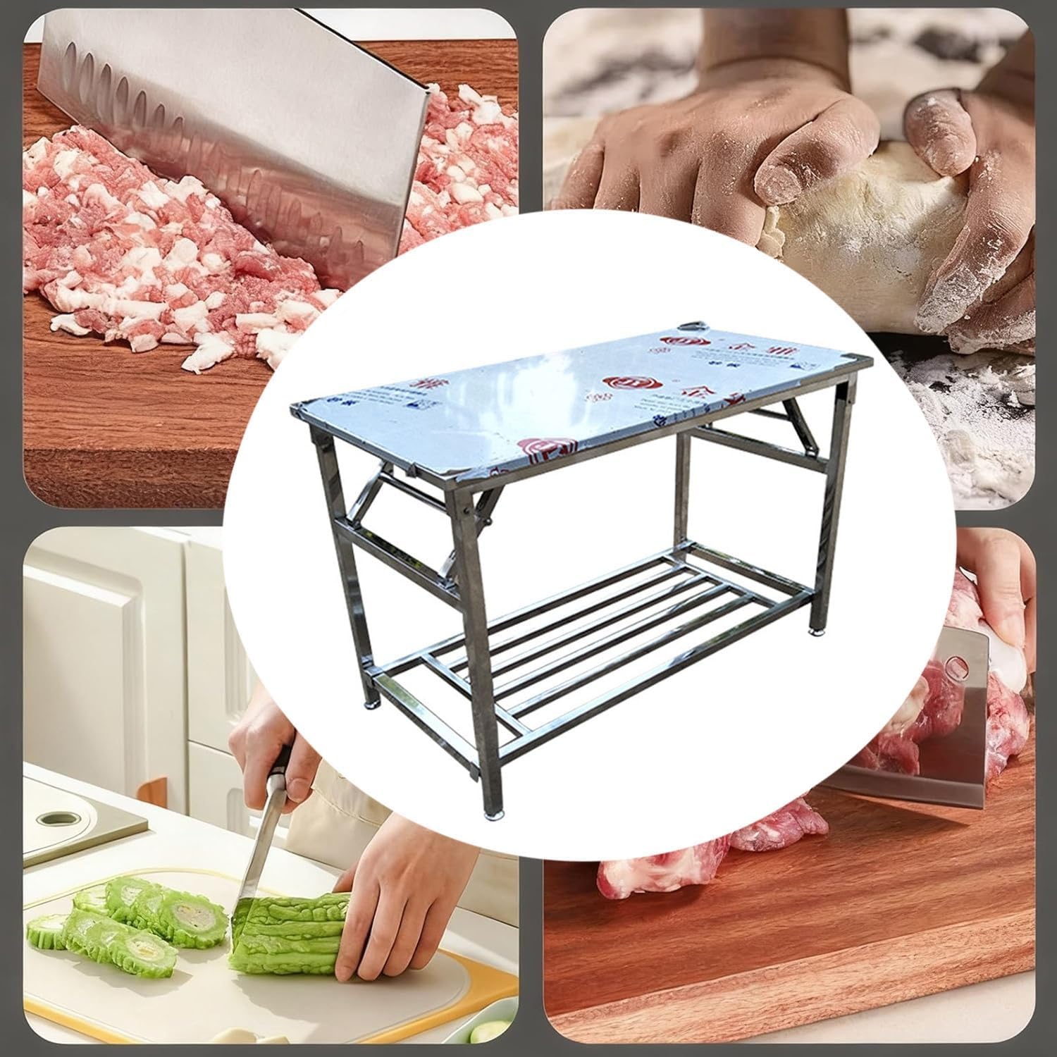 Stainless Steel Double-Layer Workbench Foldable Countertop Worktable Commercial Kitchen Metal Prep Table with Lower Shelf and Non-Slip Pads for Kitchens(100x50x75cm/39.4x19.7x29.5”)