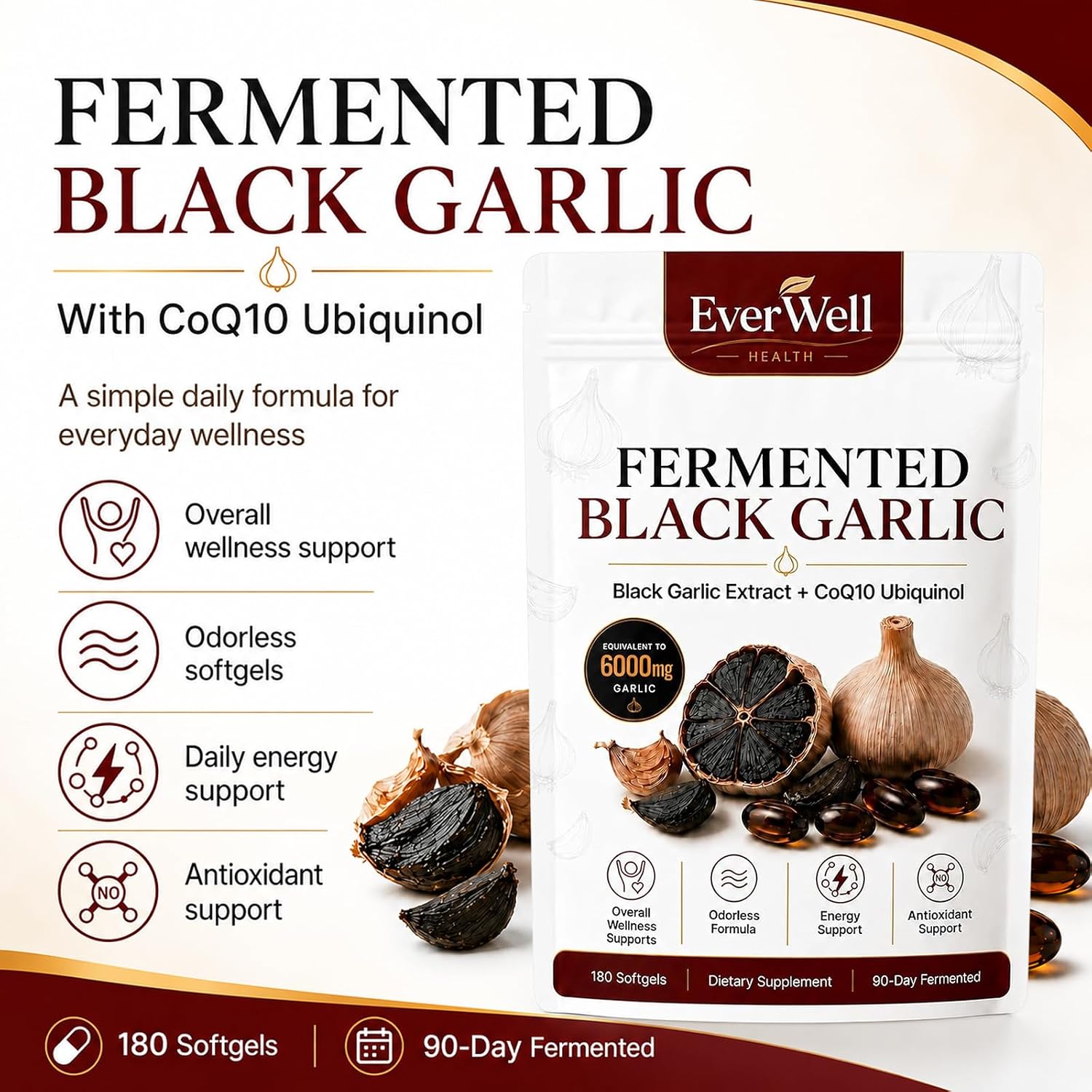 Black Fermented Black Garlic + CoQ10 Ubiquinol Softgels, Odorless Aged Garlic Extract Supplement, Antioxidant & Energy Support, Daily Wellness Support Formula, 180 Softgels thumbnail