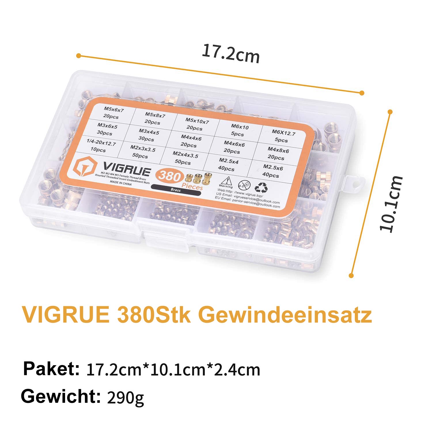 VIGRUE 380 szt. nakrętek gwintowanych M2 M2,5 M3 M4 M5 M6 nakrętki gwintowane mosiężne tuleje gwintowane gwint wewnętrzny nakrętki radełkowane do części z tworzywa sztucznego poprzez ciepło lub