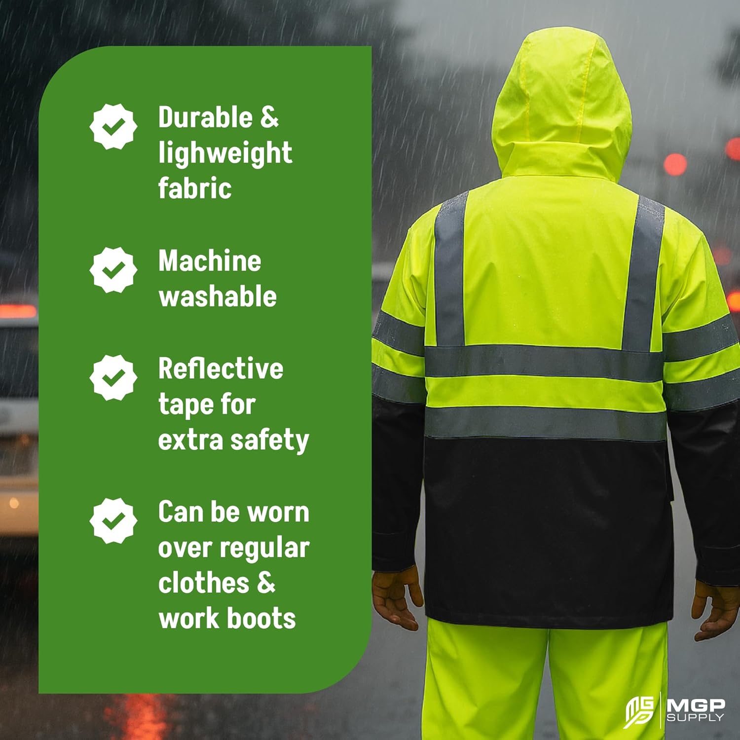 MGP SUPPLY Class 3 Hi-Vis Rain Suit- Waterproof Rain Jacket & Pants|Heavy Duty Rain Gear|Lightweight, Reflective Material