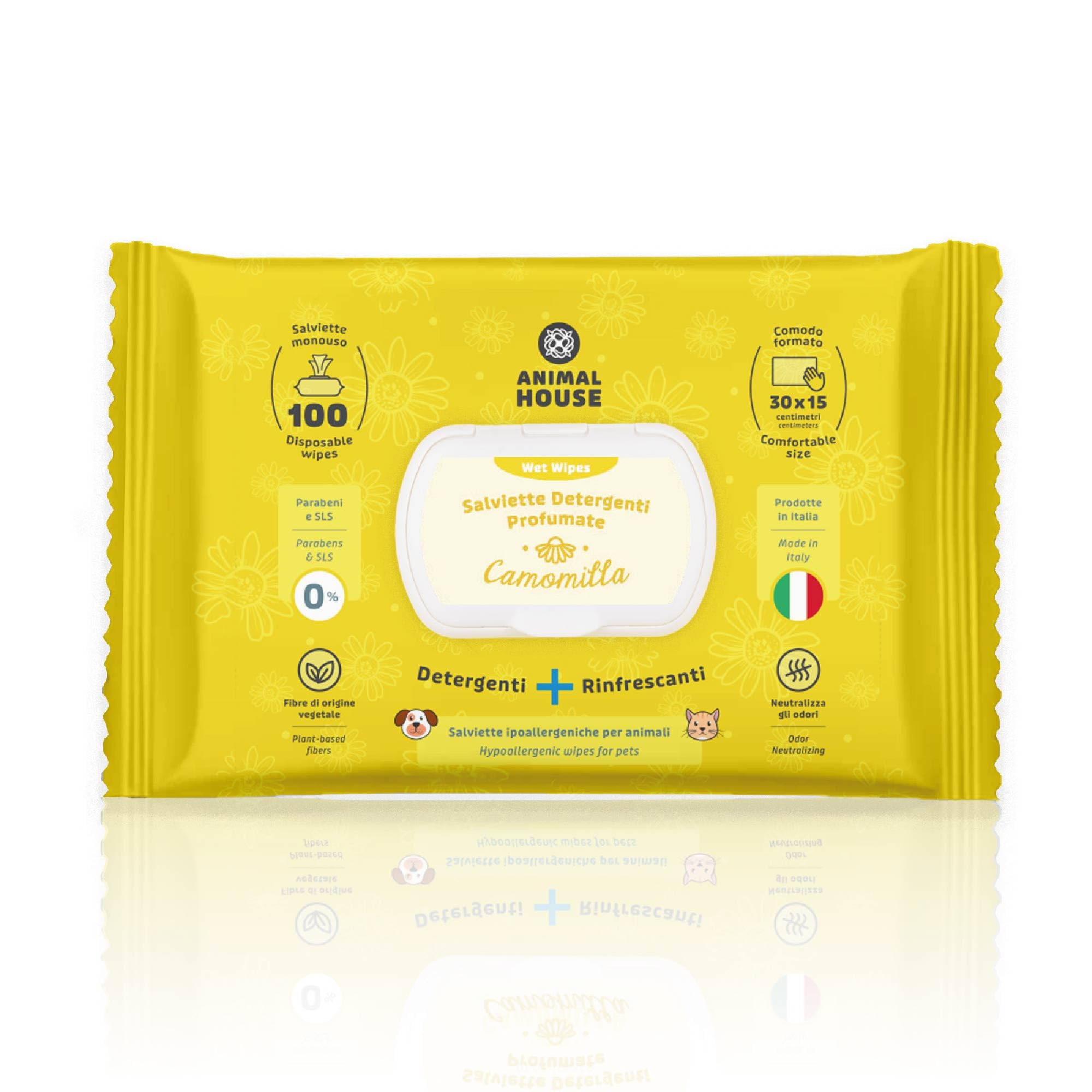 Animal House Reinigungstücher mit Kamille, 100 Stück, für Hunde und Katzen – Parfümierte Feuchttücher, erfrischend, hypoallergen, aus pflanzlichen Fasern, Made in Italy
