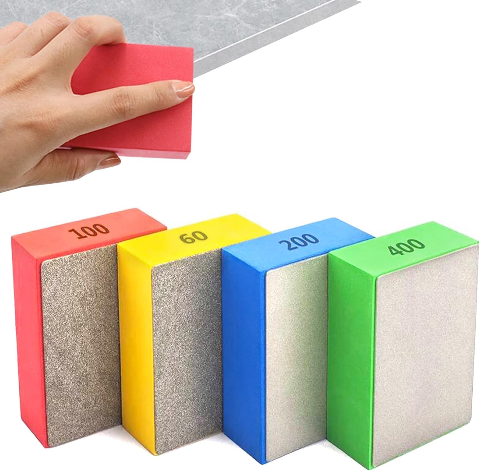 4pcs Tile Polishing Pad Diamond Hand Polishing Pad Porcelain Sanding Blocks Glass Polishing Kit for Concrete Stone Granite Marble Ceramic 60# 100# 200# 400#