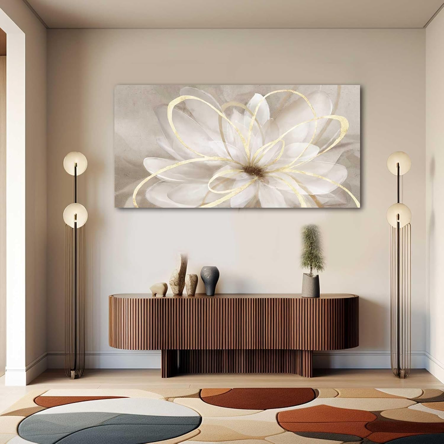Kureful Flower Pictures Wall Decor Oil Painting 24x48 Inches Abstract Artwork for Bedroom Living Room Home Office Wall Decorations, Gold