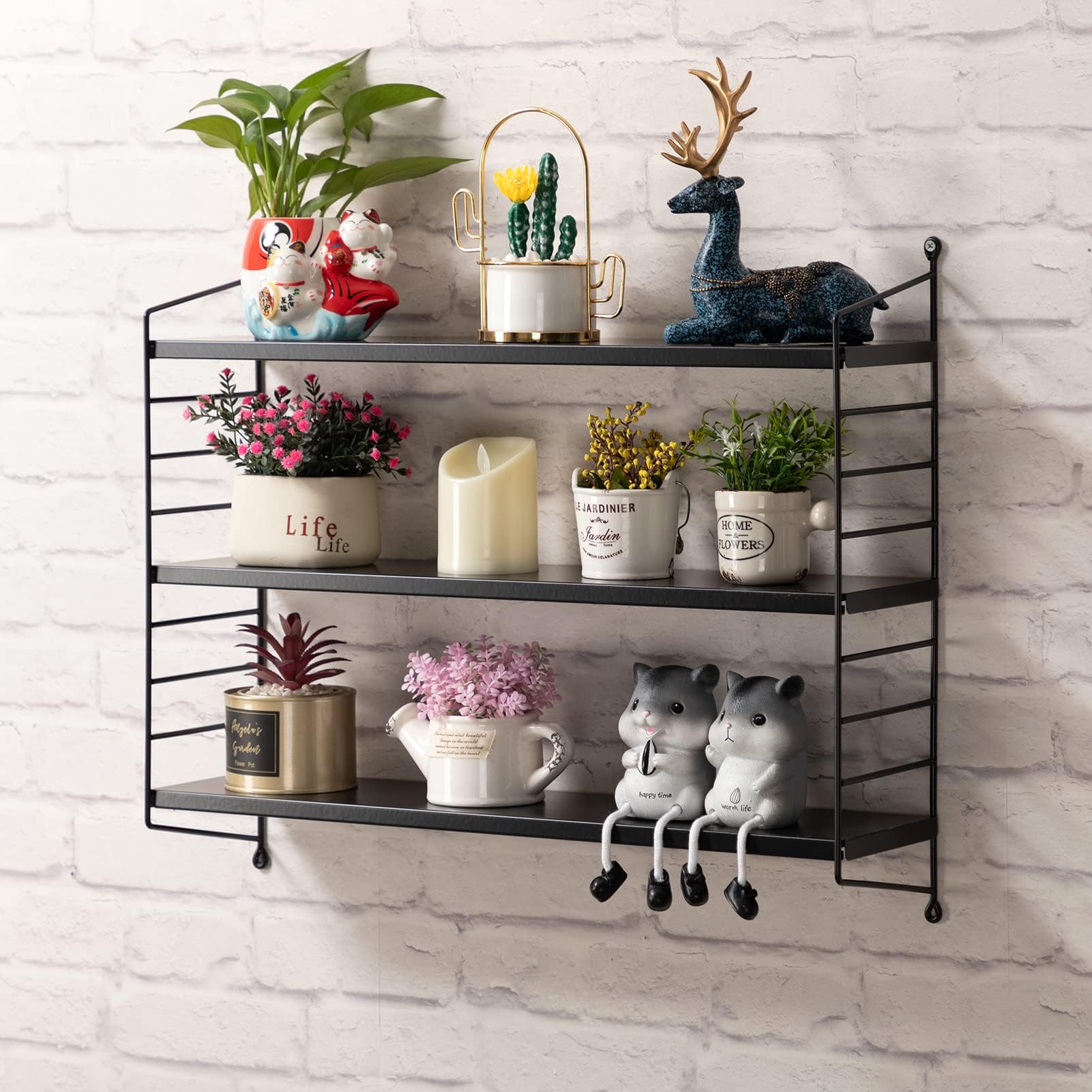 Wall Mounted 3 Tier Floating Shelf, Adjustable Hanging Display Shelf Bathroom Shelf, Storage Shelf for Plants, Books and Decorations, Bookshelf for Office, Black
