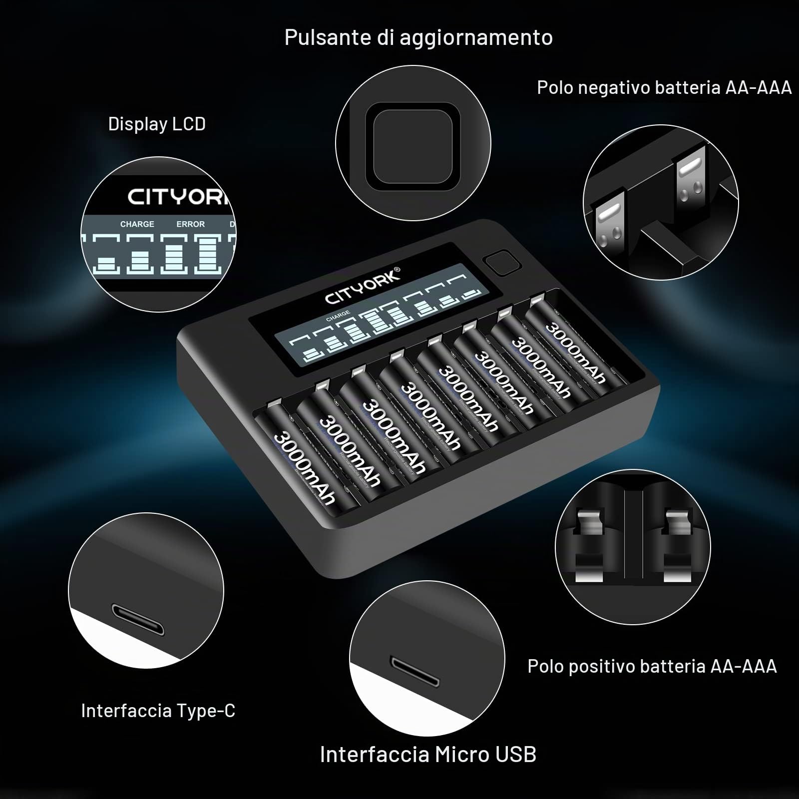CITYORK Batterie Ricaricabili AA, 16 Pezzi 3000 mAh Pile Ricaricabili 1,2V Ni-MH con Caricabatterie 8 slot Ricarica Rapida USB
