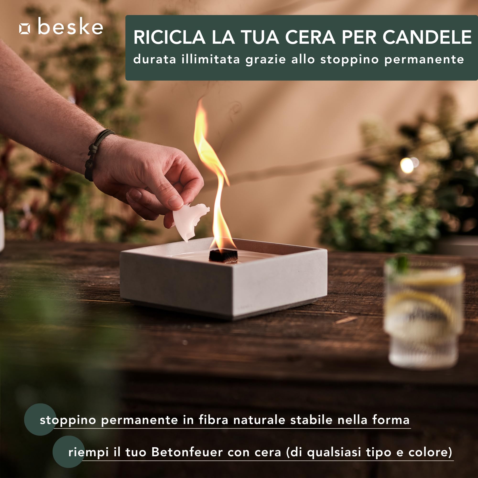Torcia decorativa da esterno in cemento | Braciere da tavolo con stoppino permanente, durata illimitata | Per giardino e terrazza | Made in Germany (Meru-L (17x17x6,5 cm))
