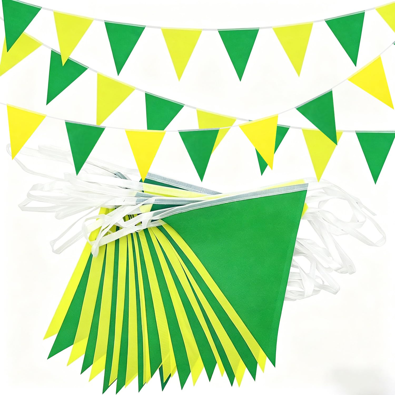 20M 52pcs Yellow and Green Bunting, Bunting Outdoor Waterproof,Polyester Fabric Reusable Banner for May Day Home Outdoor Birthday Party St. Patrick's Day Decoration
