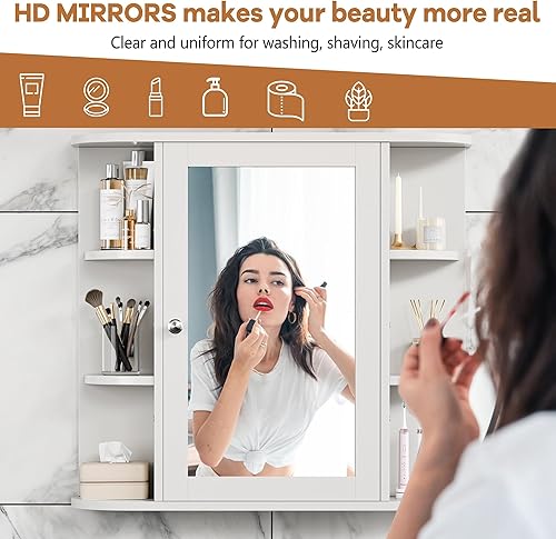 Miniatura 4 de Meilocar Botiquín de baño, armario de espejo de baño montado en la pared con 6 estantes laterales abiertos, armario de pared blanco con espejo,