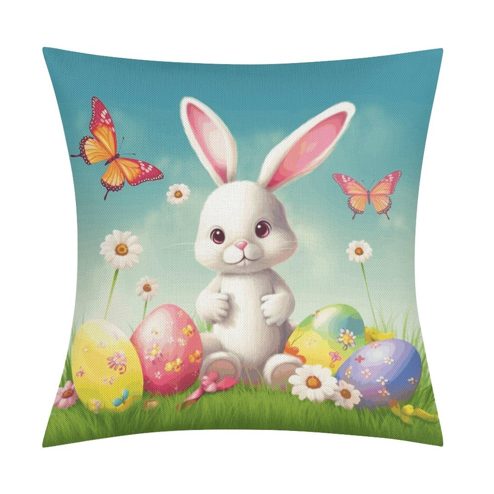 Fodpand Style Easter Bunny With Eggs And Spring Butterfly Pillow Covers 18X18 Inch, Pillow Cases Boho Farmhouse, Throw Pillow Covers For Couch Sofa Bed Spring Home Decor