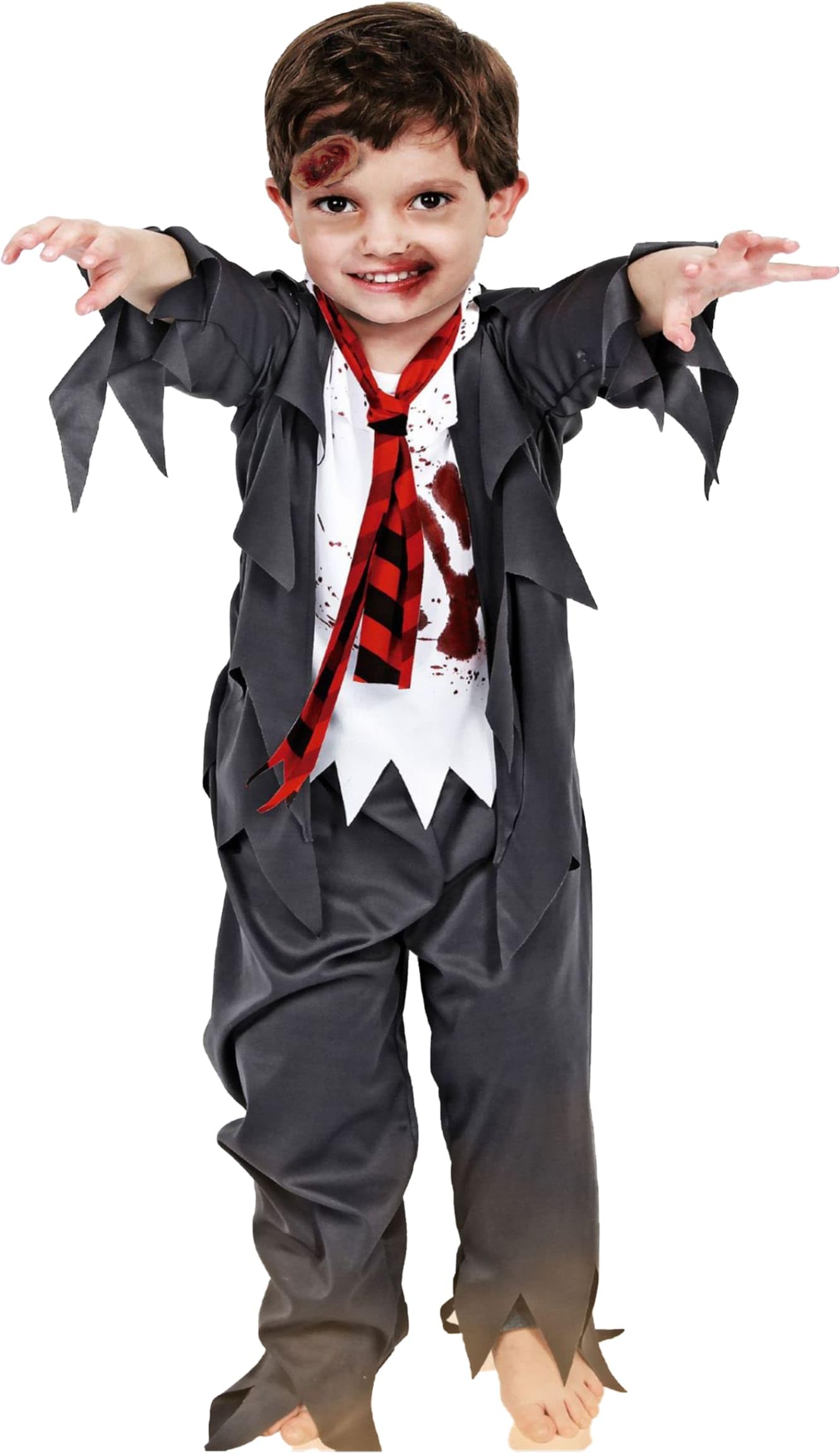 Gojoy shop-Disfraz de Estudiante Zombi,Muerto Viviente para Niños Halloween Carnaval.(Contiene:Chaquta con Camisa,Pantalón,Corbata,Cicatriz y Mochila de Cuerdas.)