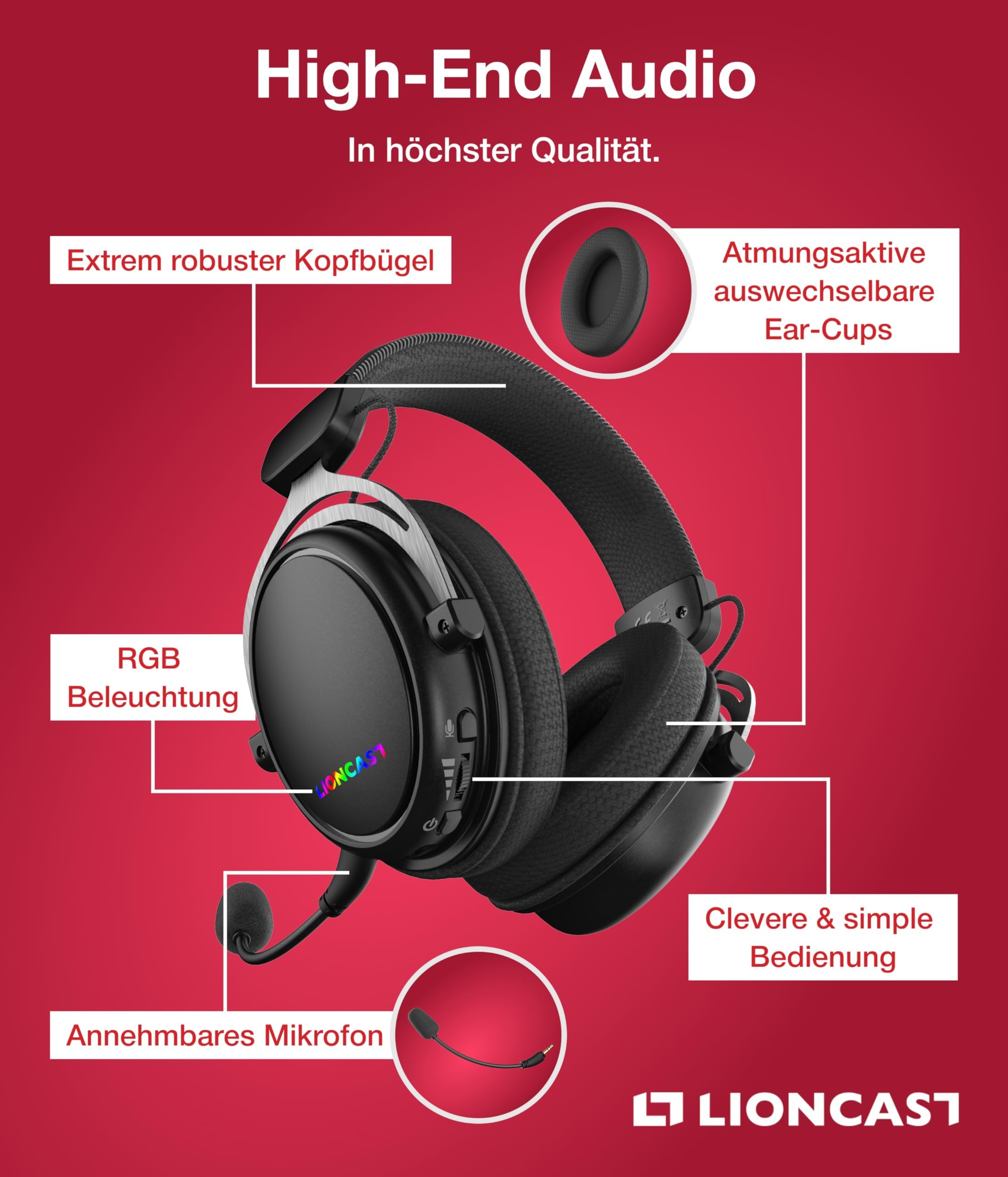Lioncast LX80 - Cuffie da gioco con microfono wireless [batteria da 40 ore, compatibile con PS5, Nintendo Switch, Switch 2, Xbox - Gaming Headset PC - Cuffie senza fili Bluetooth