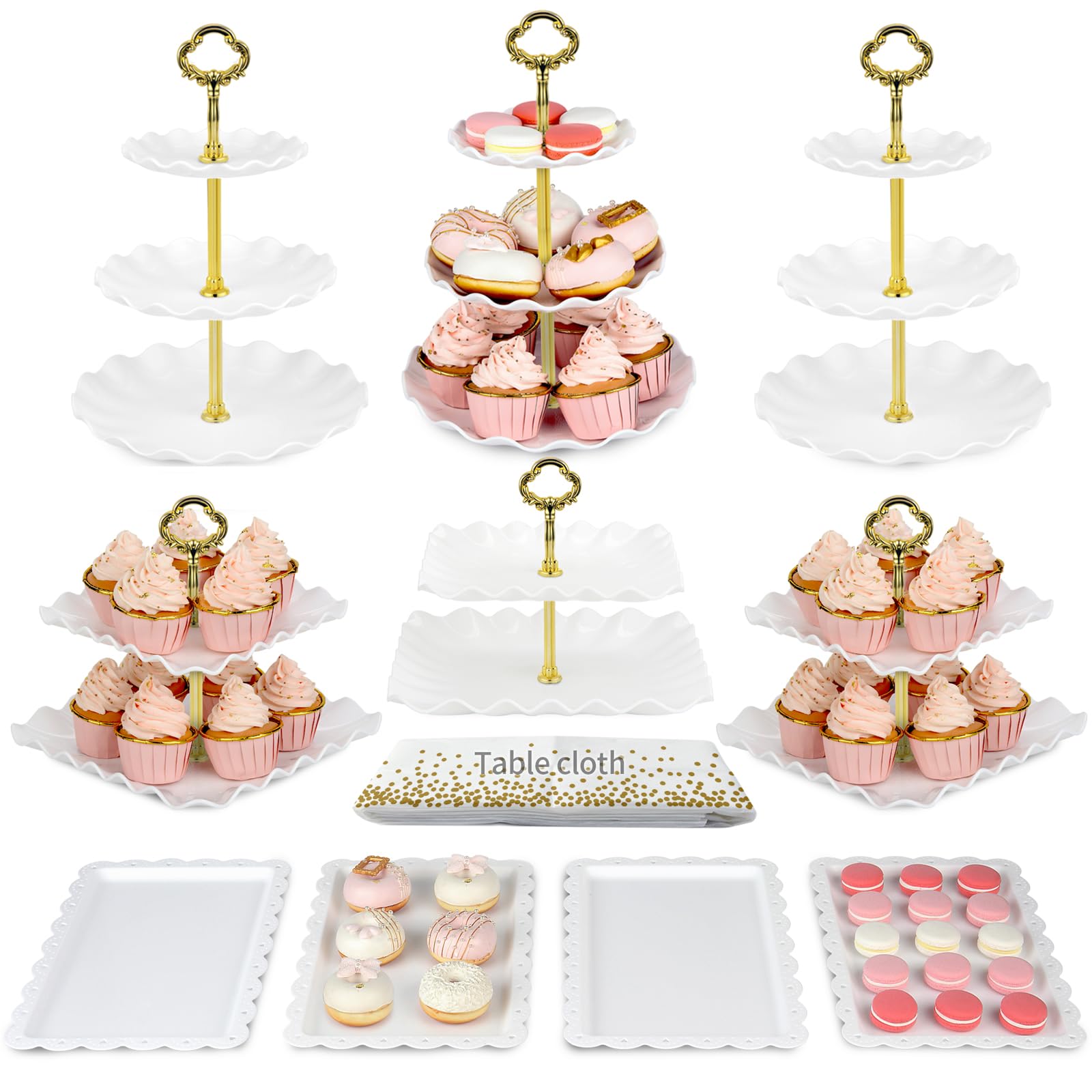 Pack of 11 NWK Cake Stand Set, with 3 x Two-Tier and 3 x Three-Tier Cupcake Stands, 4 x Appetizer Trays, 1 x Tablecloth for Birthday Bridal Baby Shower Party (Gold)