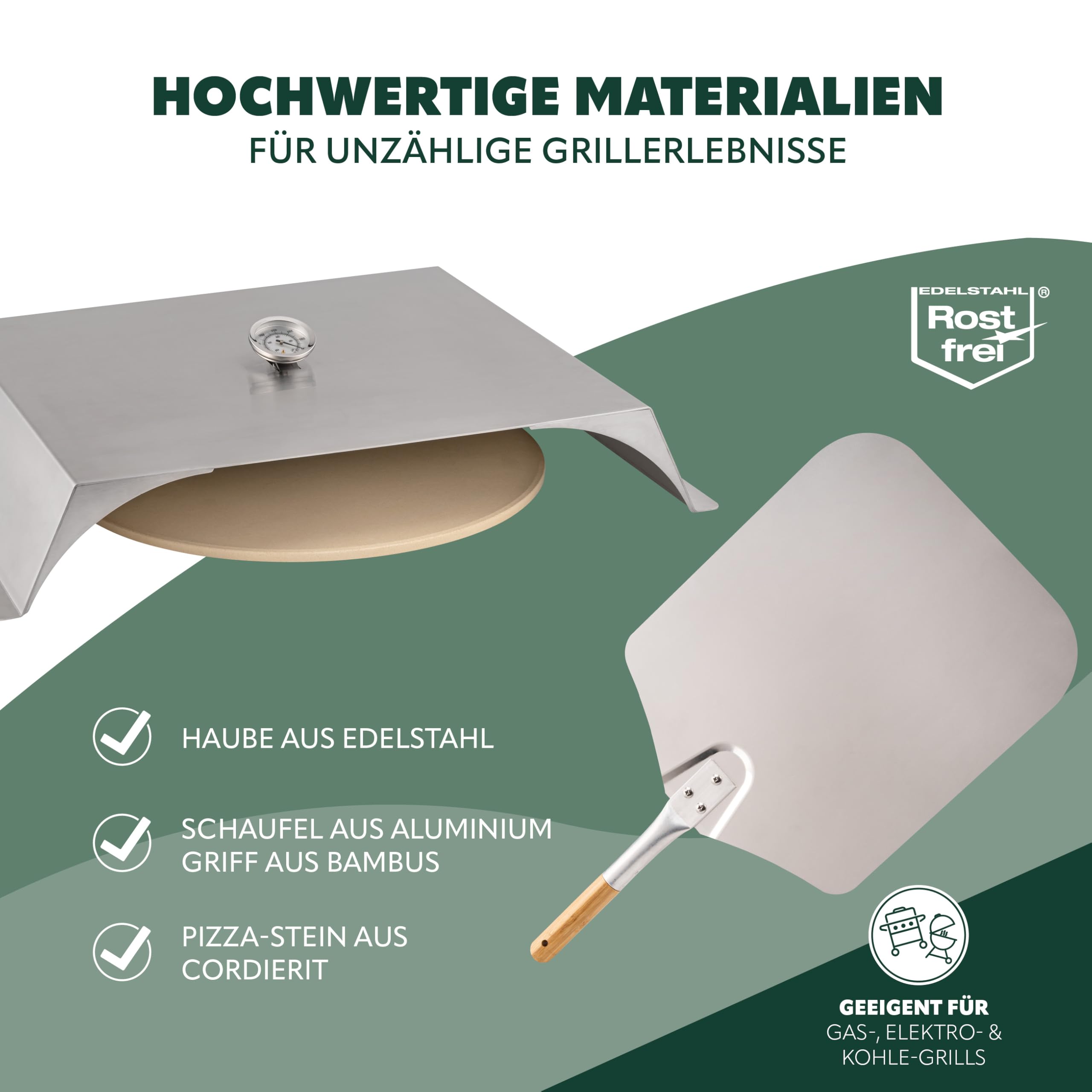 Bremermann Pizza-Aufsatz für Grills mit Thermometer, Schaufel und Pizzastein, 56 x 9 x 38 cm