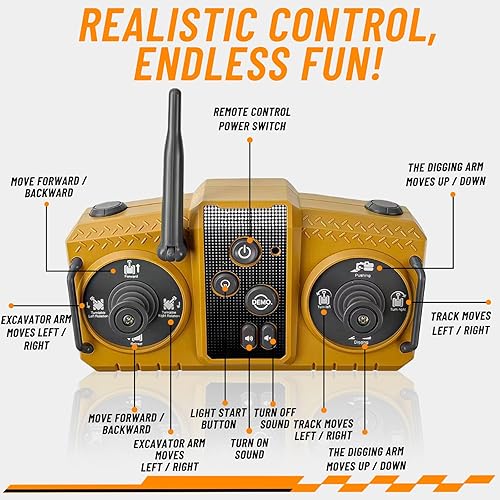 Miniatura 7 de kolegend Juguete de excavadora a control remoto 3 en 1 de 14 canales, juguete de excavadora RC para niños de 3 a 12 años con balde/garra/taladro