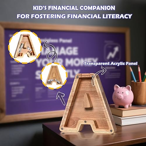 Miniatura 7 de Alcancía de Letras de Madera, Alcancía para Niños y Niñas Pequeños, Grande, 26 Letras del Alfabeto, Alcancía de Dinero Personalizada con Nombre