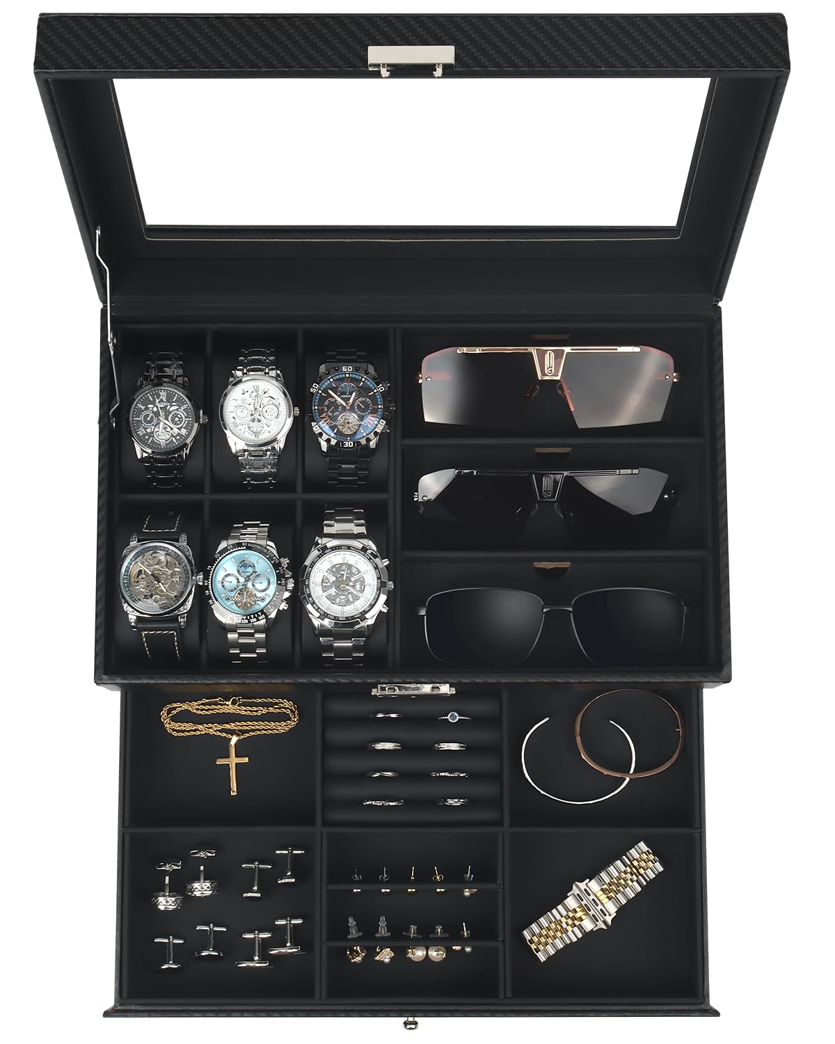 Kukikan Uhrenbox, Uhrenkasten mit Glasdeckel, Uhrenkoffer mit herausnehmbaren Uhrenkissen, Metallverschluss, Geschenkidee, PU-Bezug in Schwarz, Samtfutter in Schwarz