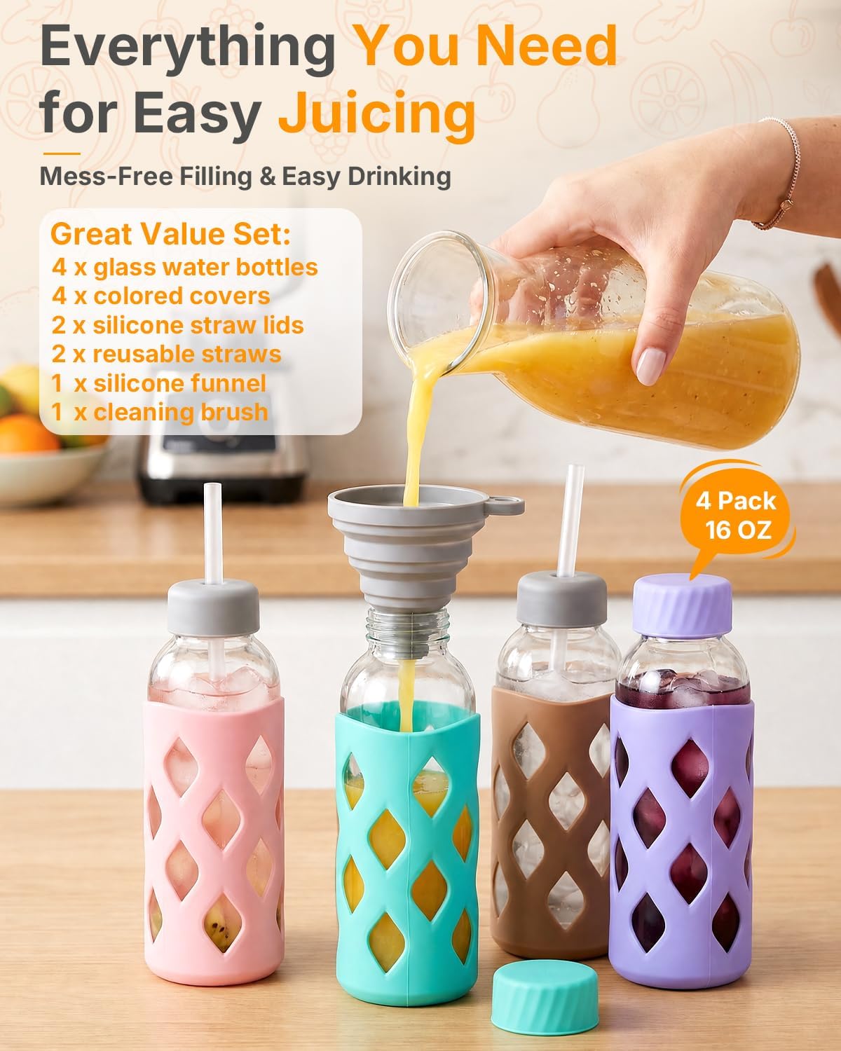 Zukro 16 oz Glass Water Bottles with Protective Silicone Sleeve 4 Pack | Leak Proof Stainless Steel Lids, Non-Slip Reusable Clear Juice Bottle for Juicing, Smoothie, Dishwasher Safe, BPA Free