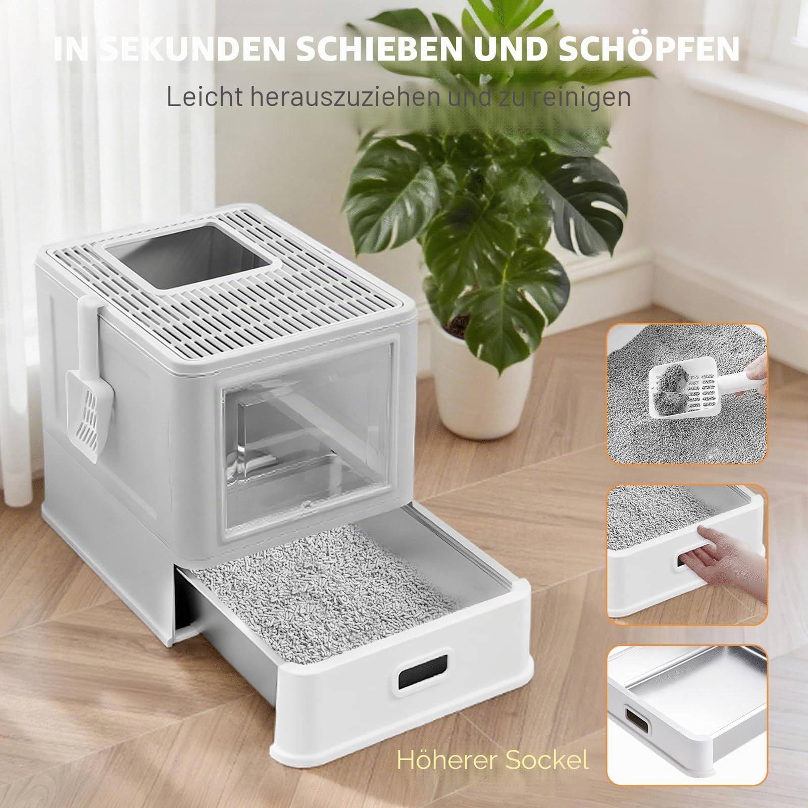 Homegroove Edelstahl Katzenklo mit Schublade, XL Zusammenklappbare Geschlossene Katzentoilette mit Deckel für Hauskatzen, Metall Katzenklo mit Streuschaufel (Gray)